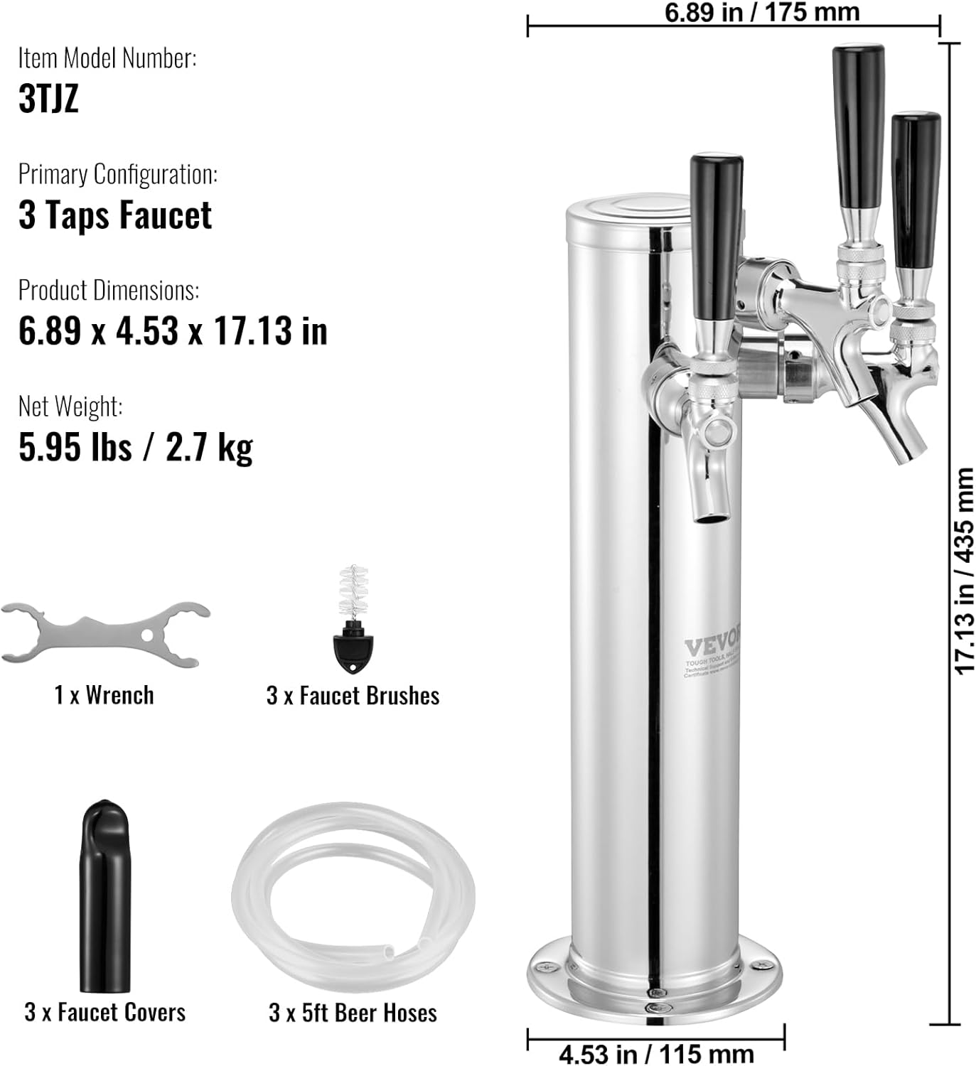 VEVOR Triple Taps Draft Beer Tower Dispenser, Stainless Steel Keg Beer Tower, Kegerator Tower Kit with Pre-Assembled Tubing and Self-Closing Faucet Shanks for Party, Bar, Pub, Restaurant