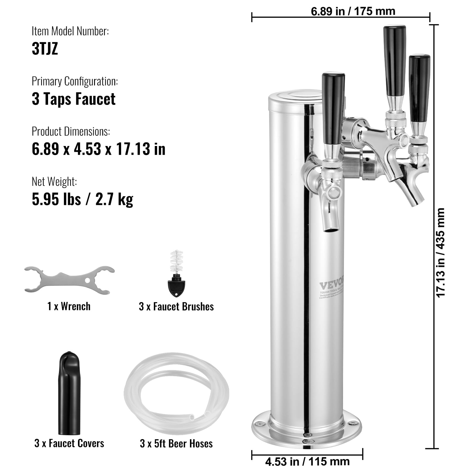 VEVOR Dispenser per Torre Spillatore Birra alla Spina Triplo Rubinetto in Acciaio Inossidabile, Tubi Preassemblati e Canne per Rubinetti a Chiusura Automatica per Feste, Bar, Pub, Ristoranti
