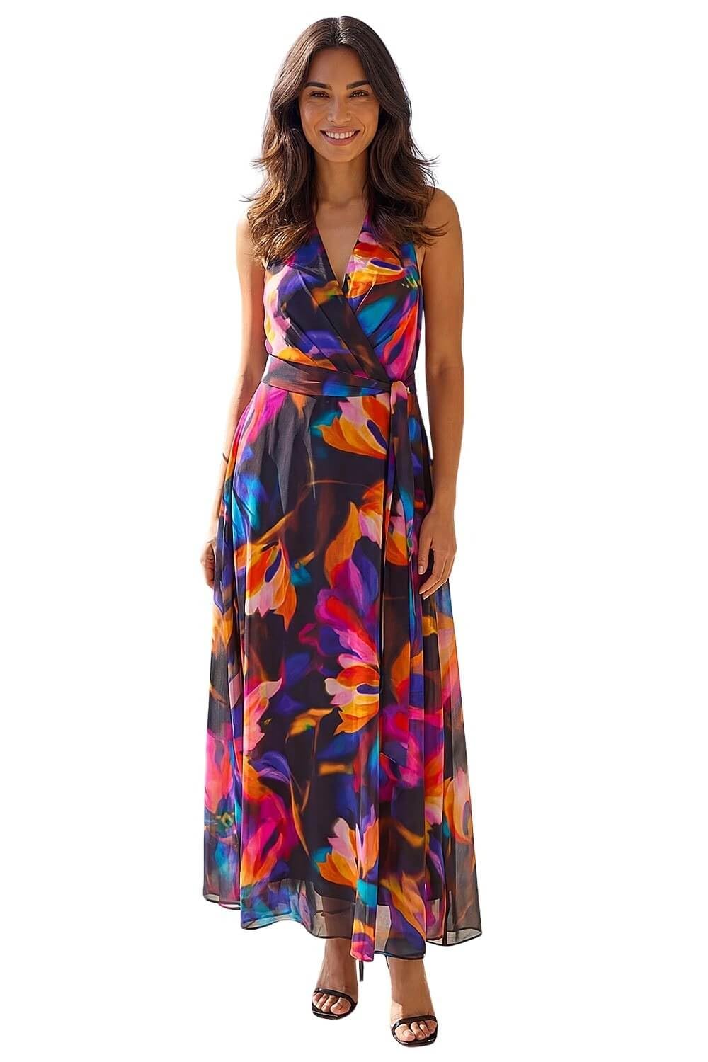 Roman Originals Women's Floral Black Floral Print Halterneck Maxi Dress For Uk - Everyday Holiday Spring Summer V-Neckline Comfy Soft Evening Vacation Work Party - Size 16