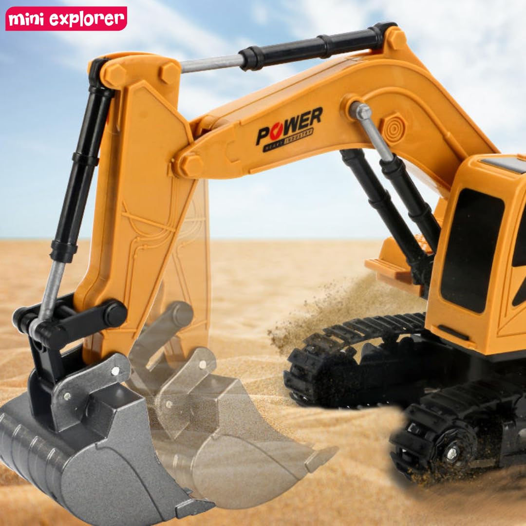 MiniExplorer 6-Channel RC Excavator Toy for Kids | Remote Control Construction Vehicle with Alloy Arm | Rechargeable Engineering Car Toy for Boys & Girls | Heavy Duty Digger Truck Model