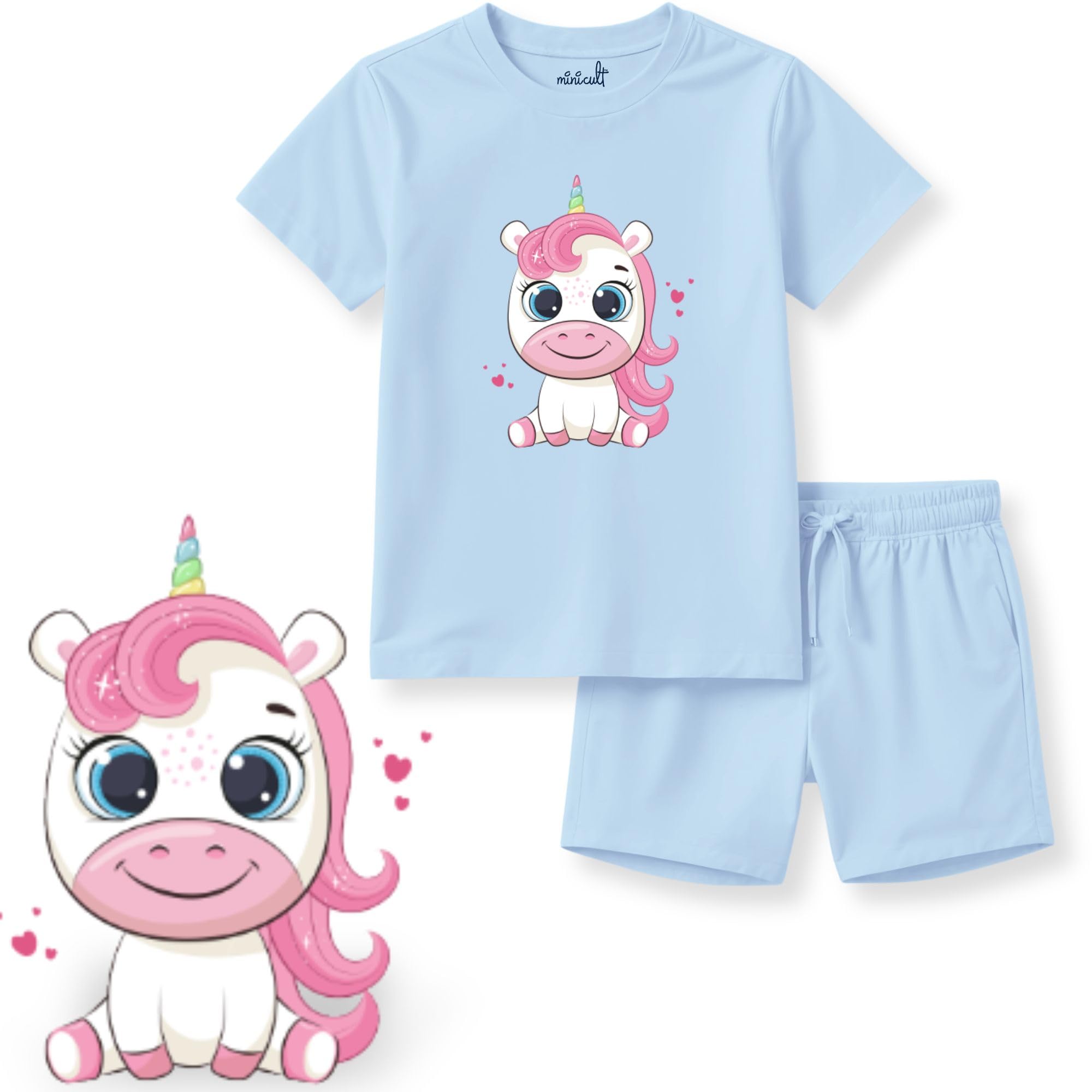 minicult kids Cotton Shorts with matching Tshirt Coord clothing set with cute Prints (Unicorn PB)(Pack of 2)(18-24 MTS) - Image 4 thumbnail