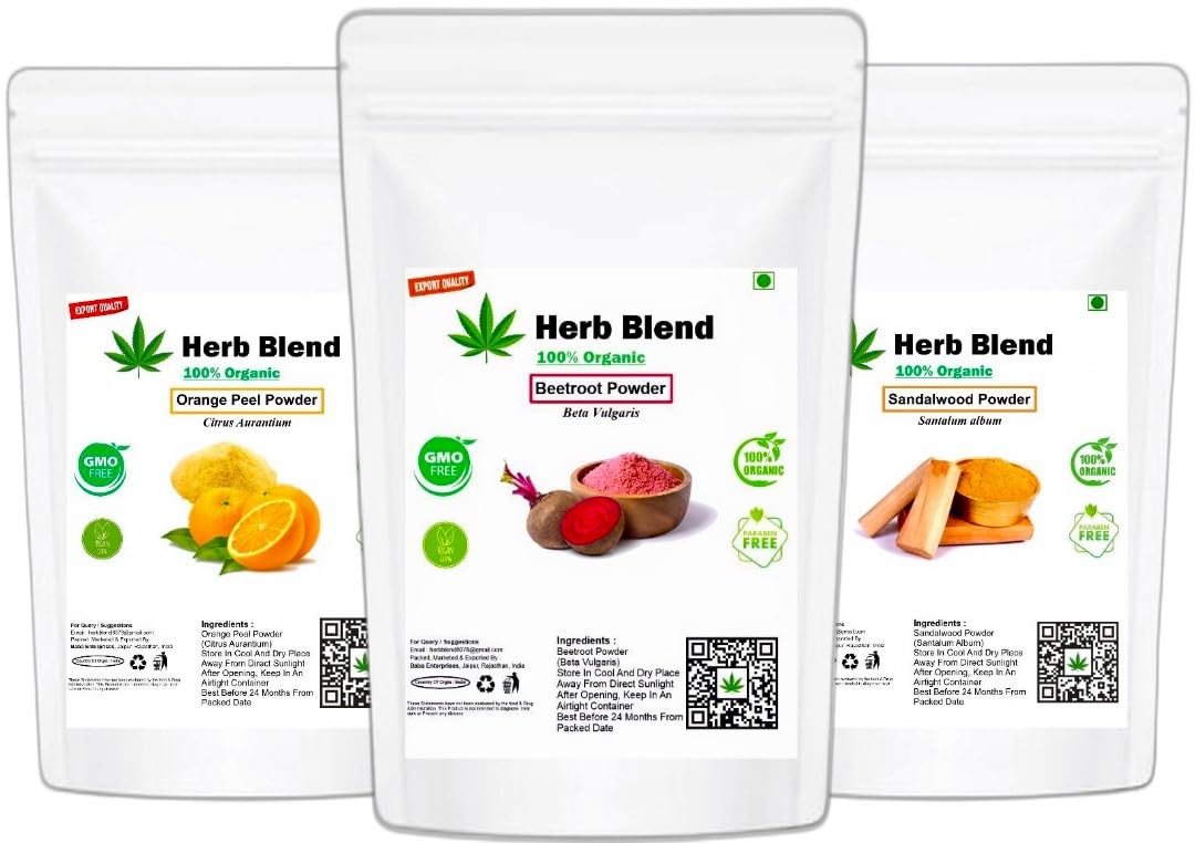 Herb Blend Pure Organic Beetroot (SuperFood) (Beta Vulgaris), Orange Peel FacePack and Sandalwood (Chandan) Powder For Face & Skin Care (300gm) (100gm Each)