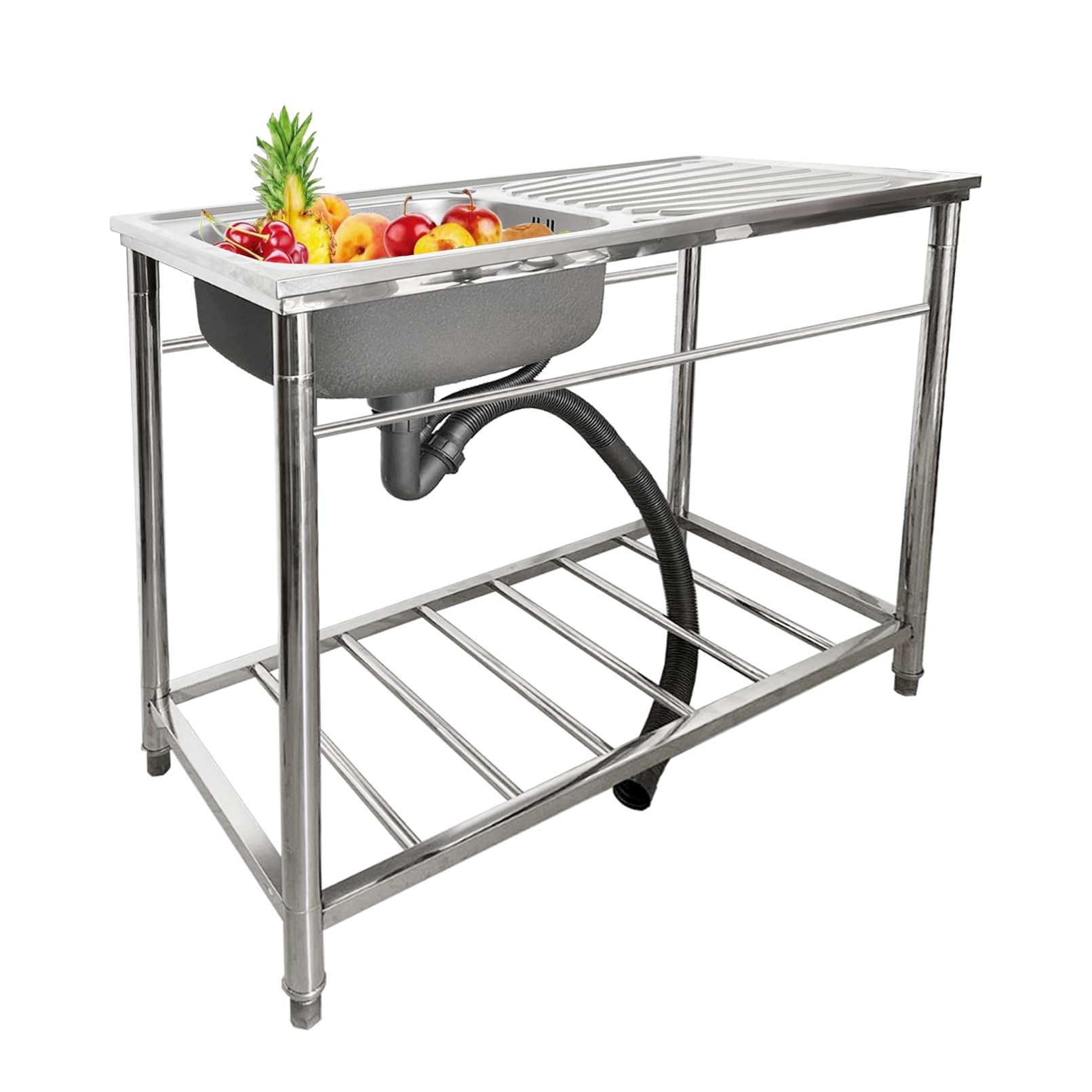 Évier Utilitaire à Une cuve avec Plan de Travail et Robinet, Poste de Travail autoportant en Acier Inoxydable pour Garage, Camping, Restaurant et Jardin.