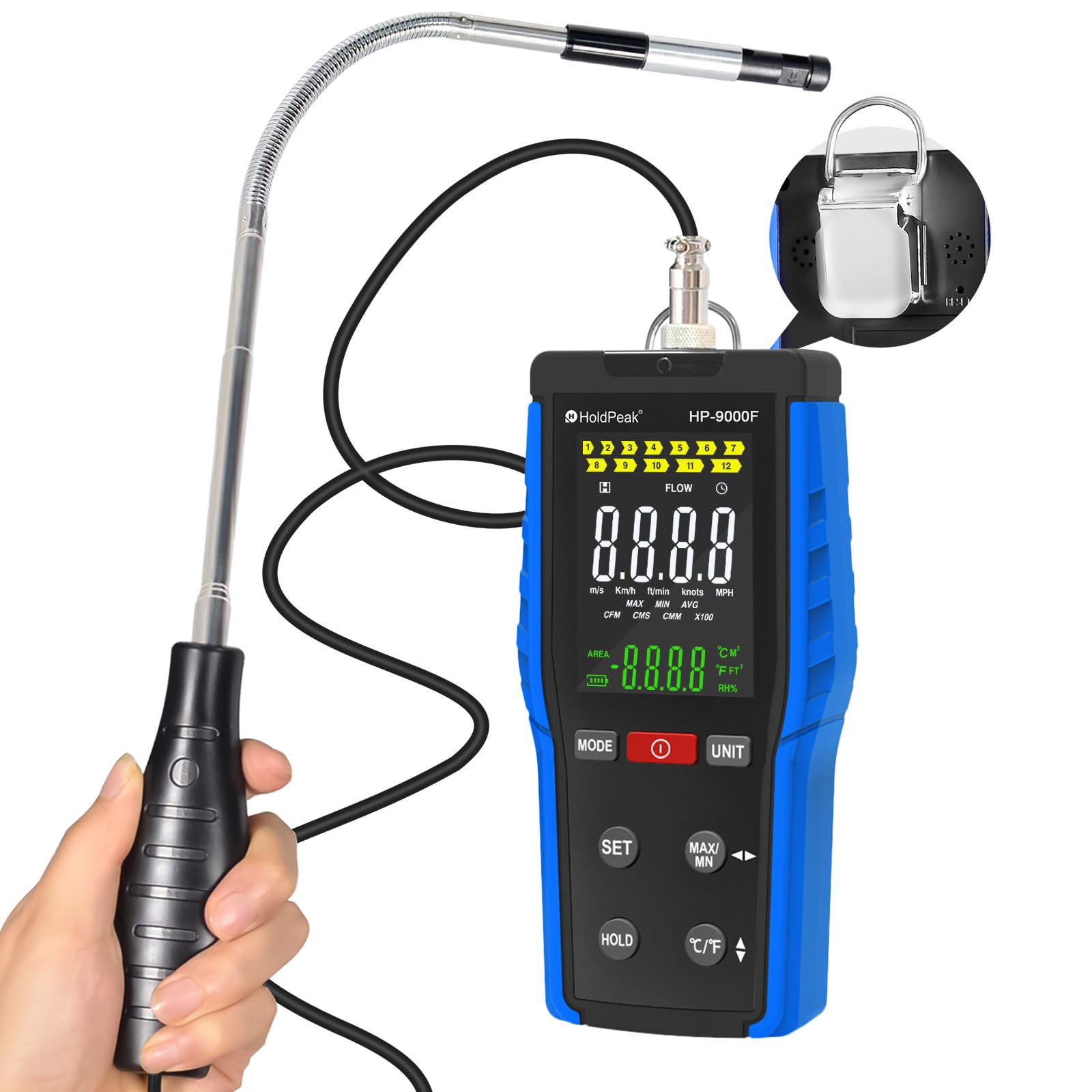 HOLDPEAK Anemómetro Digital con Sensor Retráctil, Medidor de Velocidad del Viento de Alta Precisión, Temperatura y Cierre Automático