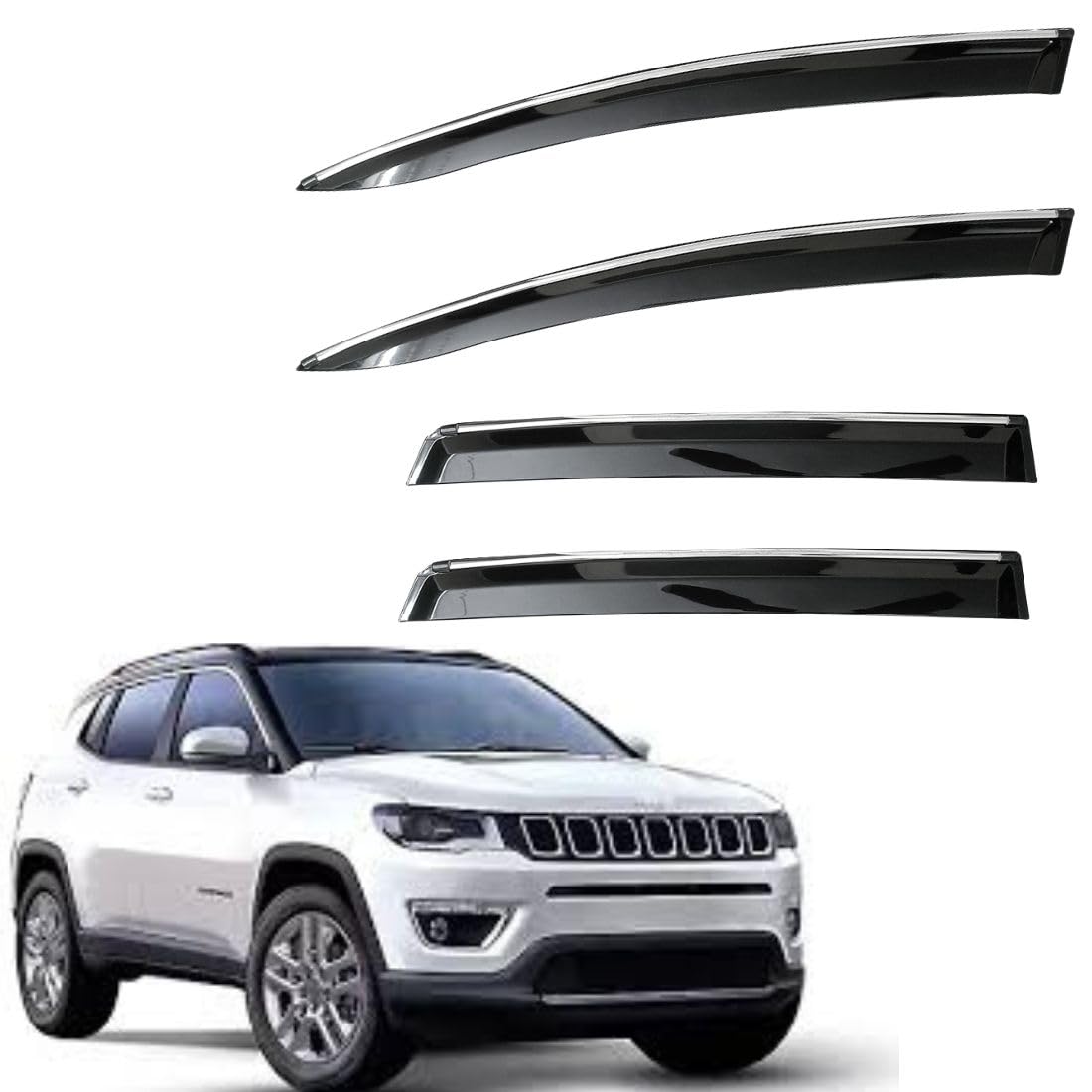 Unbreakable Chrome Smoke Door Visor for Jeep Compass (2017-Present) | Premium Sun, Rain Wind Deflector Chrome Strip Side Door Rain Visor – Set of 4 Pcs