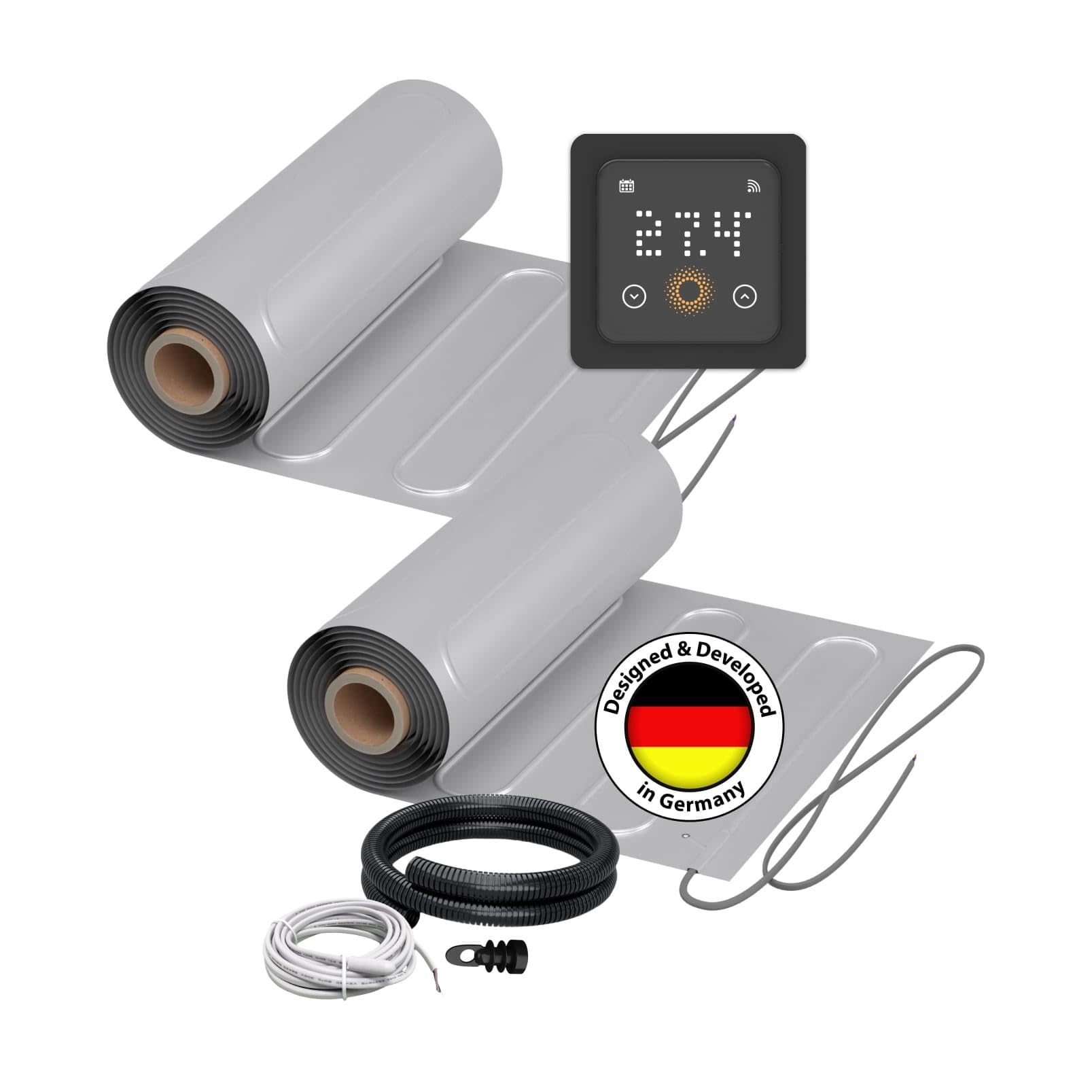 Elektrische Fußbodenheizung für Laminat: Heizmatte WARMON ALU 150 W/m² inkl. Touch WiFi Thermostat(25A), Thermostat:TS 500 WiFi Schwarz, Mattengröße:14 m² - 2 Stk (8+6 m²)