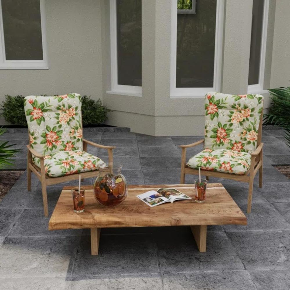 Outdoor Patio Chair Cushions in Gray/Peach Multicolor Floral Pattern | Rectangle & Reversible Dining/Lounge Chair Cushion with Ties | All Seasons UV, Water Fade & Stain Resistant