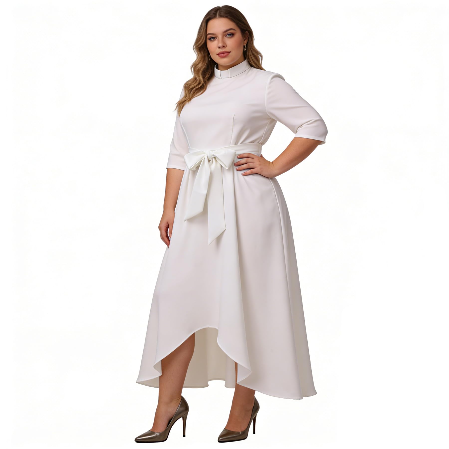 BPURB Sukienka kościelna dla kobiet, elegancka sukienka z półrękawami, luźna, Klerus, Kapłan, sukienka maxi z zakładką, kołnierzem i paskiem, biały, 3XL