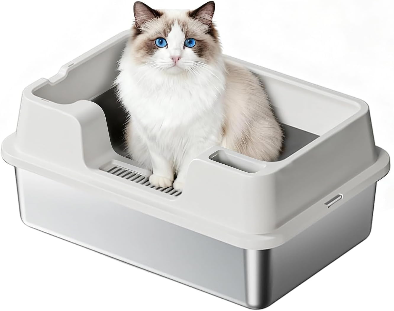 Stainless Steel Cat Litter Box Extra Large - High Sided, Non-Stick, Odor Resistant Metal Litter Pan for Multiple Cats, Big Cats & Rabbits; Anti-Urine Leakage, Easy to Clean, Non-Slip Base