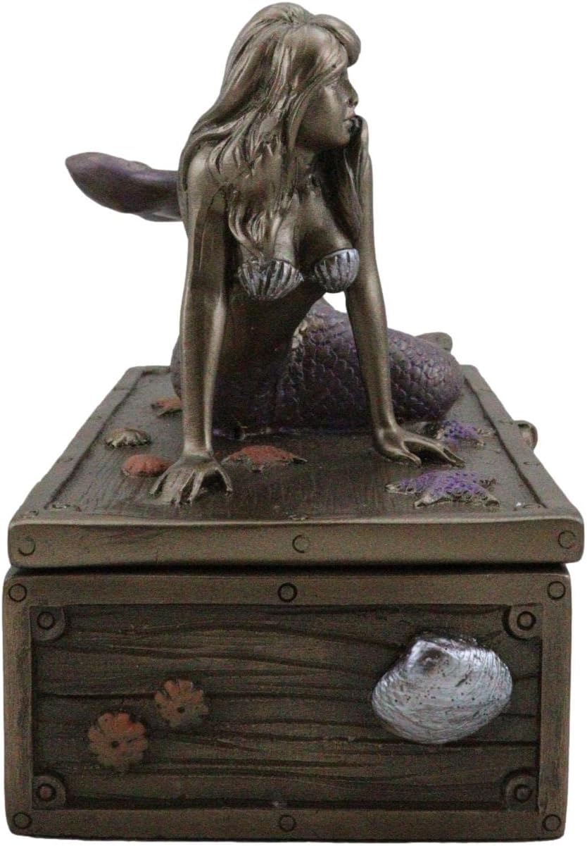 Ebros Gift Bronzed Resin Damsel Mermaid Ariel Resting On Starfish Corals Treasure Chest Decorative Jewelry Box Figurine 5" L Coastal Reef Marine Decoration Trinket