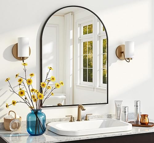 Espejo de Pared, Espejo de Baño de Pared Arqueado de 20"x30", Espejo de Pared de Tocador Negro con Marco de Metal, Espejo de Pared con Arco Superior