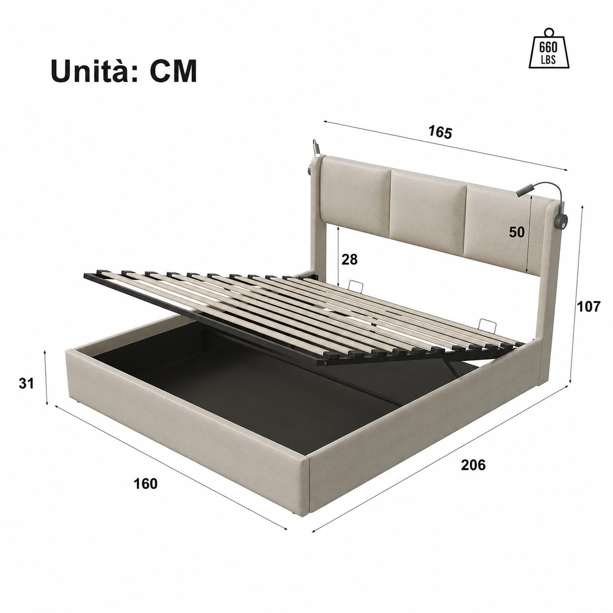 Tapicerowane łóżko 160x200 cm z hydrauliczną skrzynią na pościel, podwójne łóżko z oświetleniem LED i złączem USB, łóżko ze skrzynią na pościel, łóżka z skrzynią na pościel z stelażem, bez