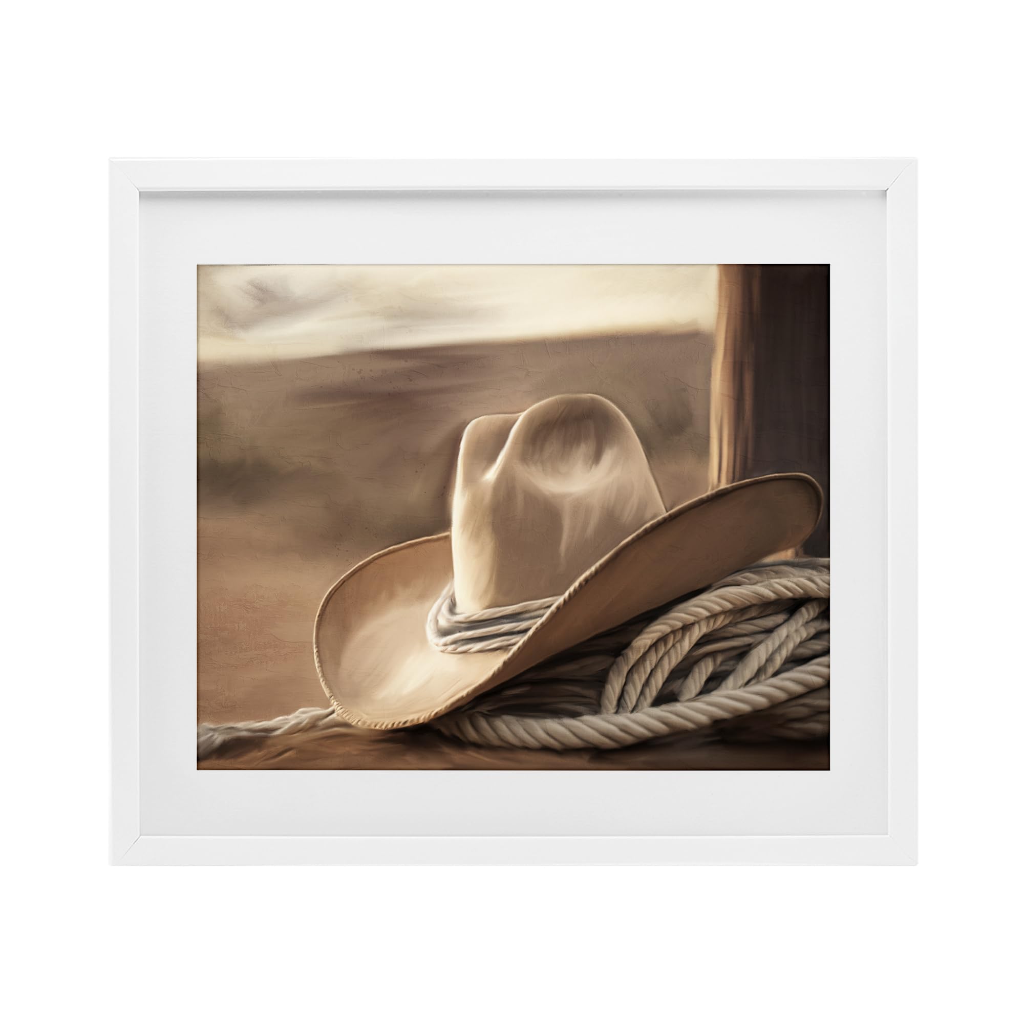 Stupell Industries Coastal White (Textured) Western Cowboy Hat Rustic Landscape, 17 X 21 Inch Framed Print Under Glass