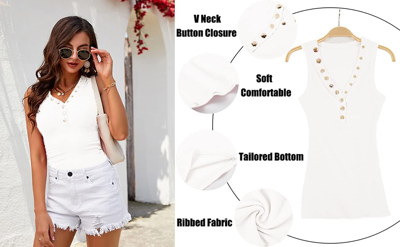 Jauoop Women's V Neck Tank Tops Summer Ribbed Sleeveless Henley Shirts Sexy Low Cut Button Down Cami Knit Tees - Image 5