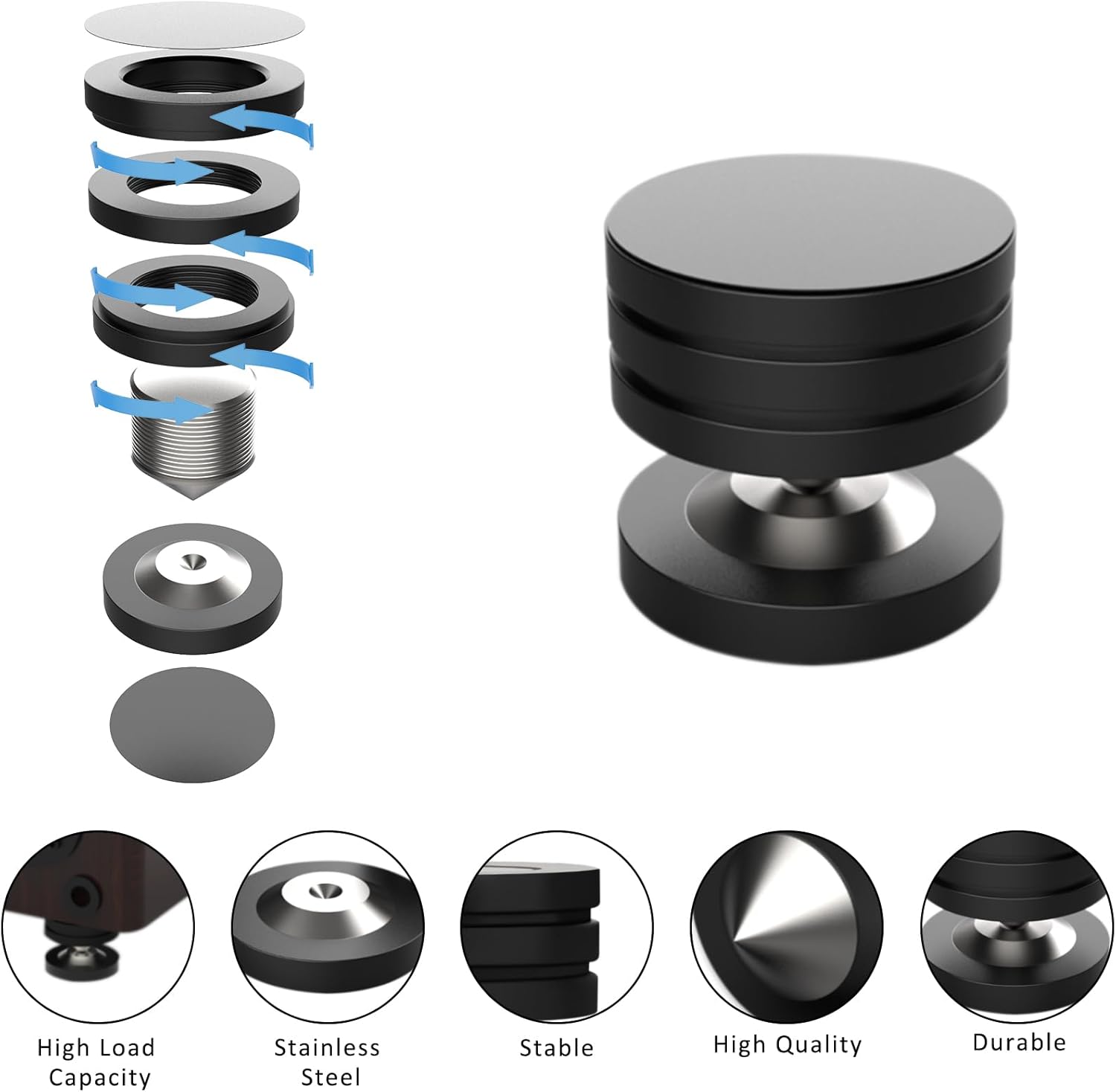 Monosaudio HiFi Speaker Isolation Feet 49x49mm Speaker Spikes Pads Stainless Steel Audio Feet Speaker Subwoofer Absorber Feet Subwoofer Spikes Pads for Speakers,Subwoofers,CD/DVD Players 4 Set(Black)