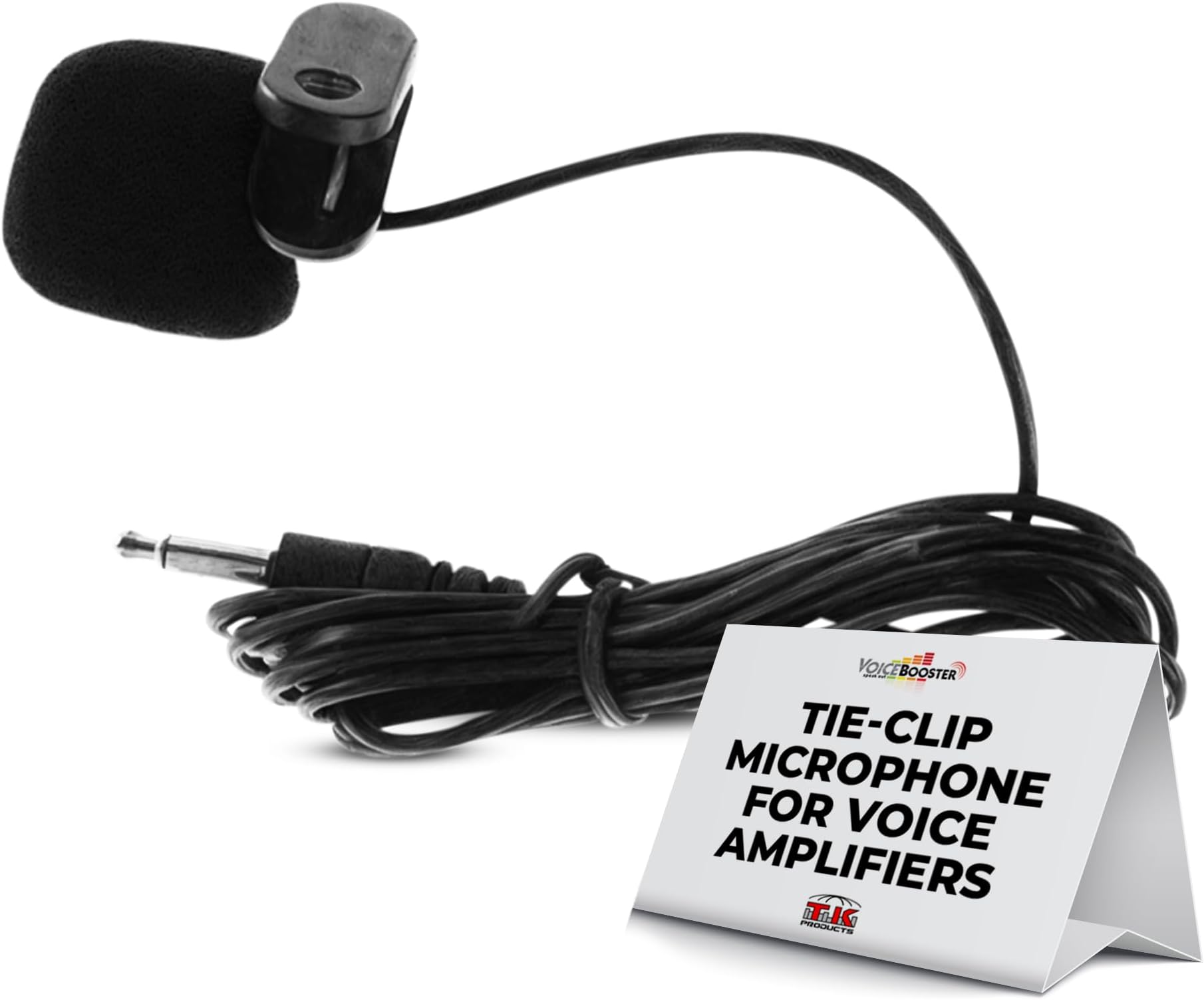 Tie-Clip Microphone – Clip-On Mic with 3.5mm Plug for VoiceBooster & Aker Voice Amplifiers – Adjustable Boom, Noise-Reducing Foam Tip – Ideal for Teachers, Guides, Presenters