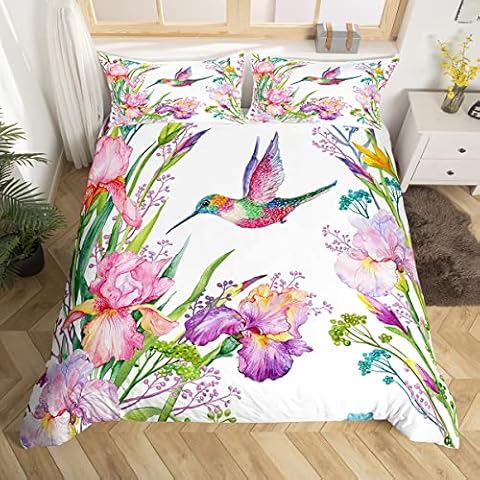 Tropical Birds Bedding Set Watercolor Hummingbird Comforter Cover For Kids Boys Girls,Romantic Irises Flowers Duvet Cover Jungle Floral Bedroom Decor Single Size Rural Pastoral Style Cover
