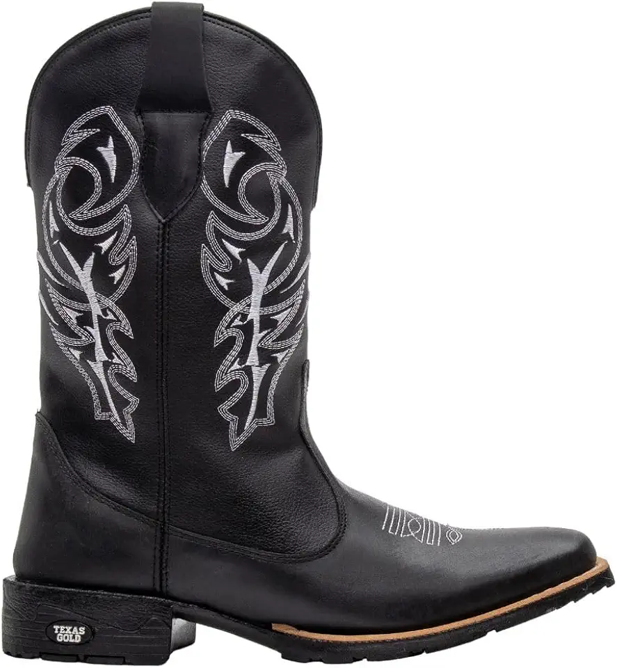 Bota Texana Masculina Bico Quadrado Couro Texas Gold Preto Bordada