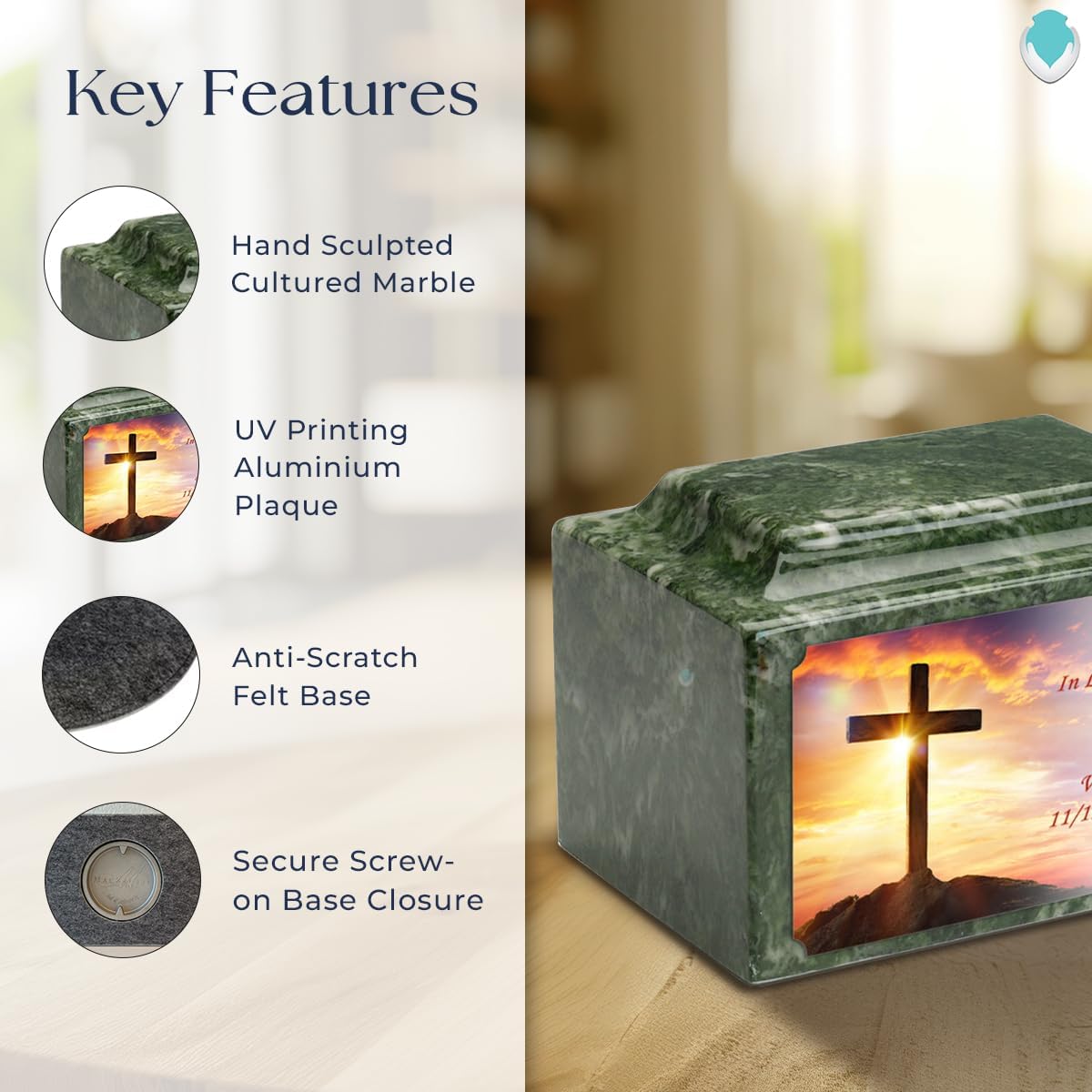 GetUrns Cultured Marble Urn Vault by Mackenzie with Personalized Cross and Text for Human Ashes I Emerald Adult Urns for Male and Female I 210lbs