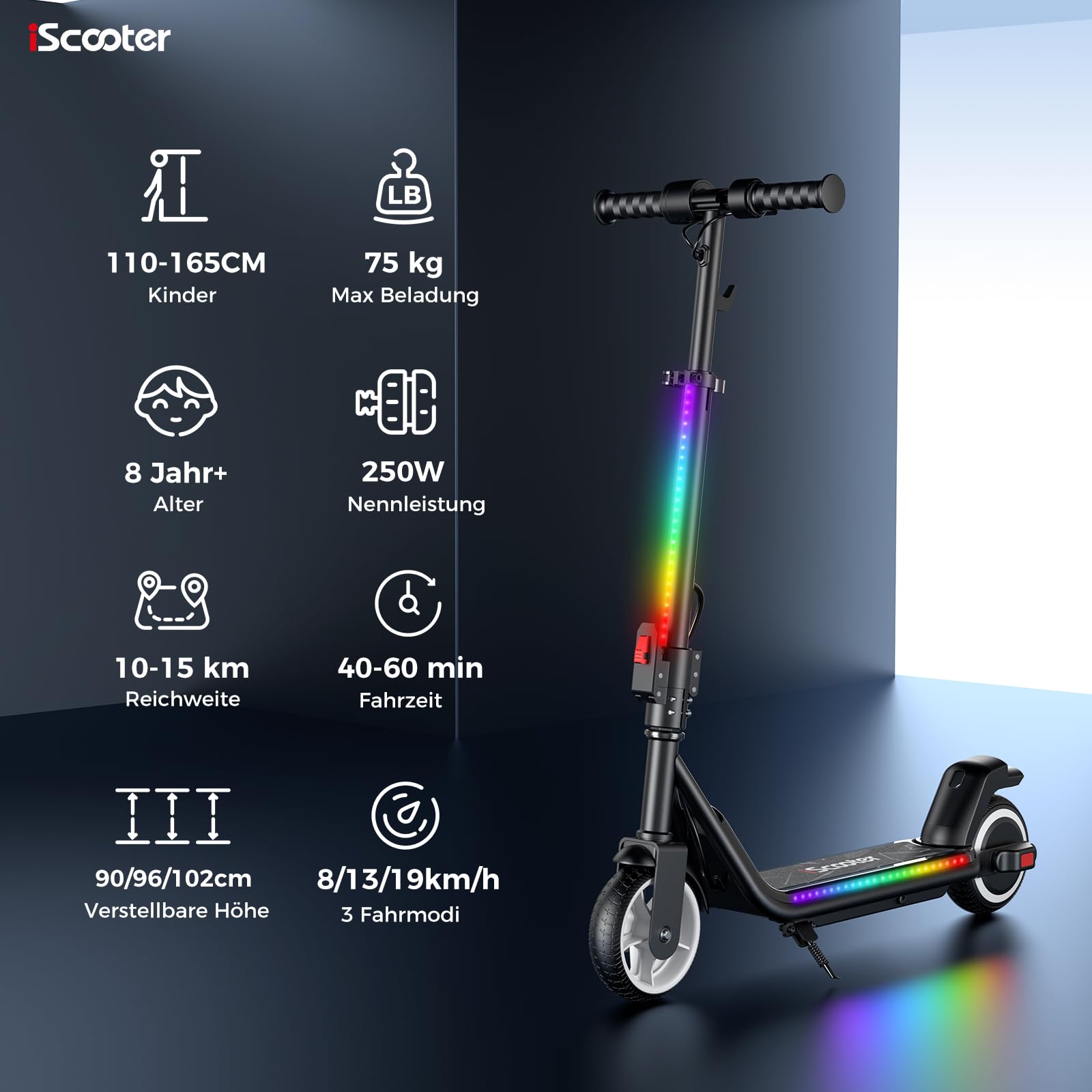 iScooter E Scooter für Kinder von 6-14 Jahren, 6,5" Faltbar Elektroroller mit Musik & 3 Höhenstufen einstellbar, 6" Leicht Kinder E Roller mit Bunte Lichter, Max Reichweite 15/7 km, 3 modi 5-19 km/h
