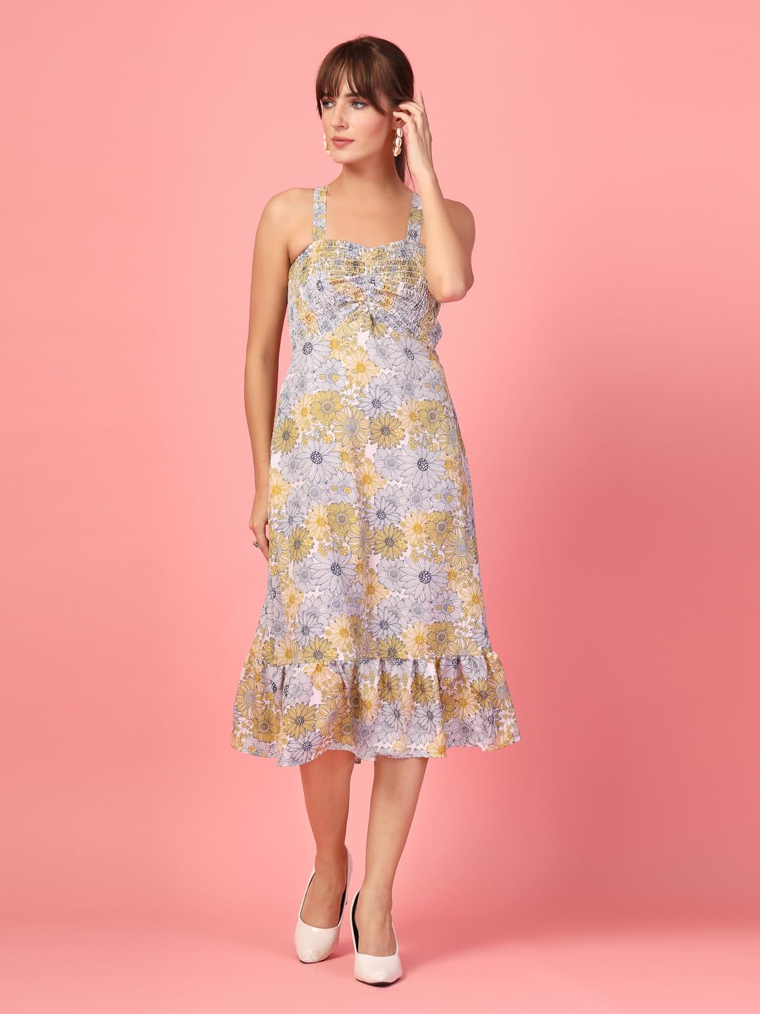 Oomph Women's Western & Fusion Wear Printed Crepe Dress For Women, Smocked Bodice, Yellow - Md1060
