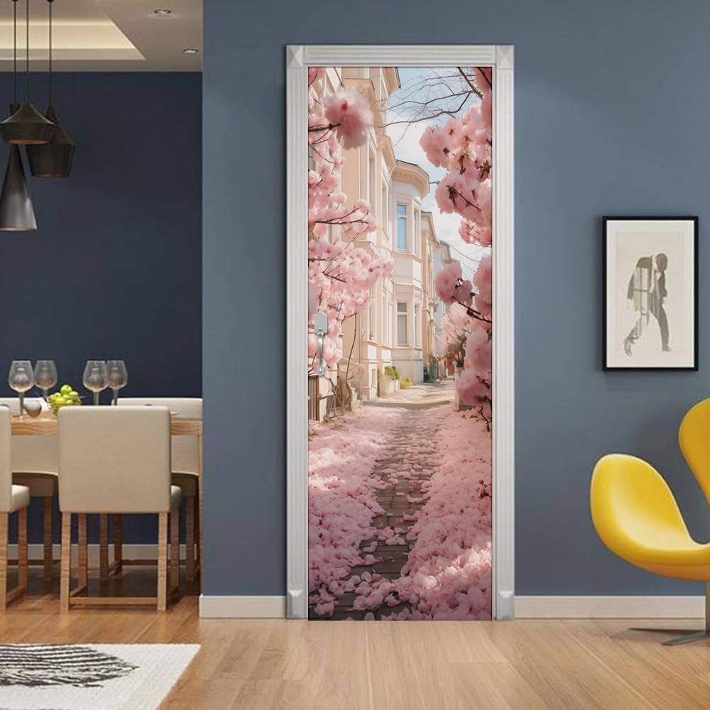 REDAMANCY Pink Cherry Flower Blossom Pathway Landscape Peel and Stick Door Stickers Vinyl 3D Door Mural Decals Decor Wallpaper Self-Adhesive, Waterproof, Removable