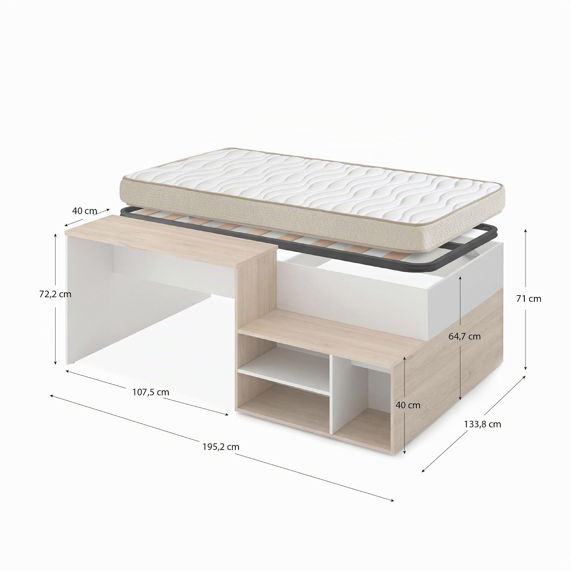 DEKIT - Pack Ahorro Cama Escritorio Kric con colchón Nova y somier Lama Ancha 90 x 190 cm