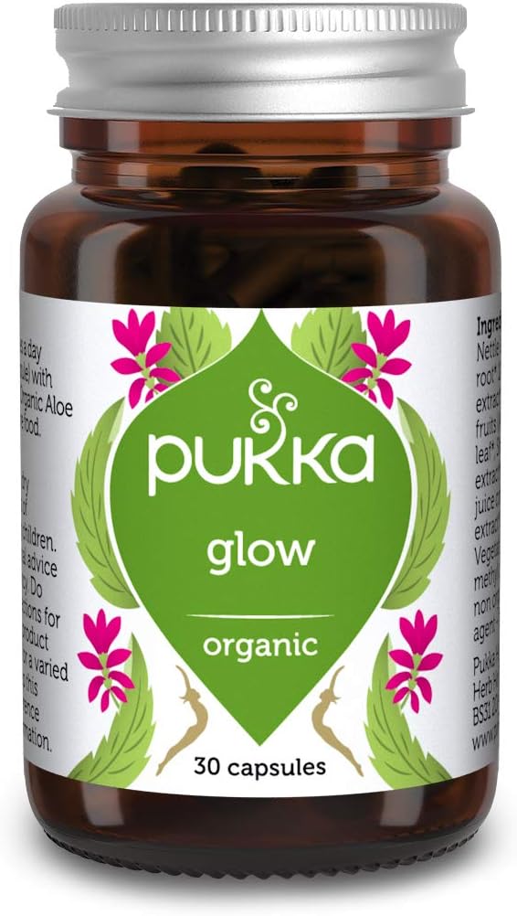 Pukka Herbs Glow, Organic Herbal Supplement, Natural Skin Booster with Turmeric, Neem and Burdock Root, Vegan, 30 Capsules