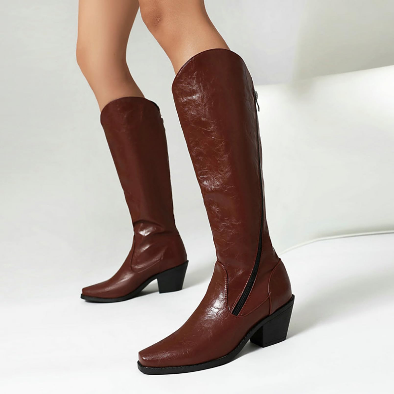Mujer Botas Altas Punta Cuadrada Cremallera Tacones Anchos Botas Largas Elásticas Botas De Montar Invierno Calientes Simples Botas Cuero Impermeables Pantorrilla Ancha