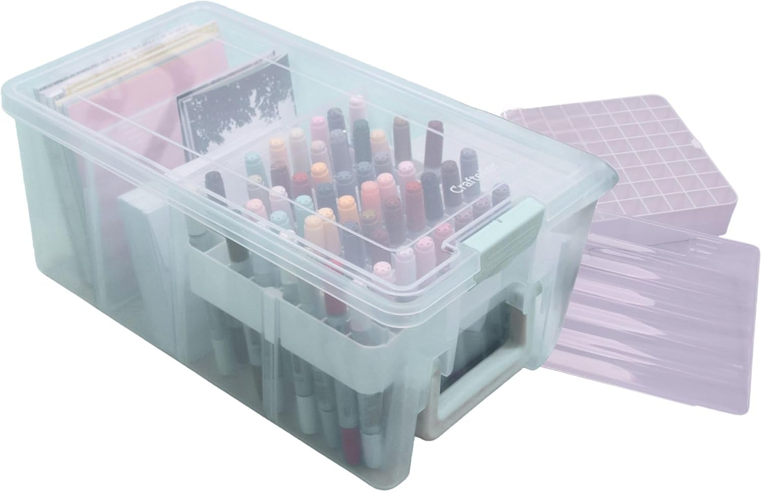 Craftelier - Storage Box for Craft and Cardmaking Materials with 3 Dividers and 2 Trays | Includes Handle and Hinged Closure | Size 15.3"x8.27"x6.42" - Color Transparent