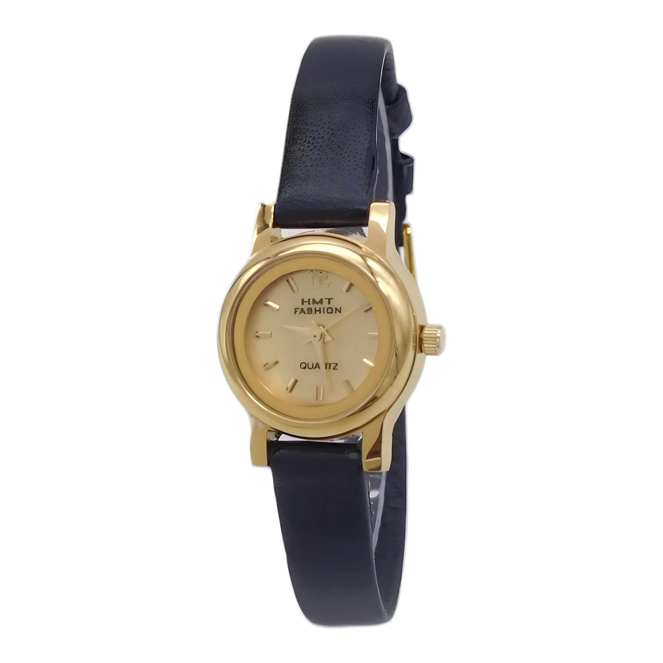 HMT FASHIONRound Golden Dial Quartz Leather Strap Analogue Watch For Women And Girls G6500 (Black Leather Strap)