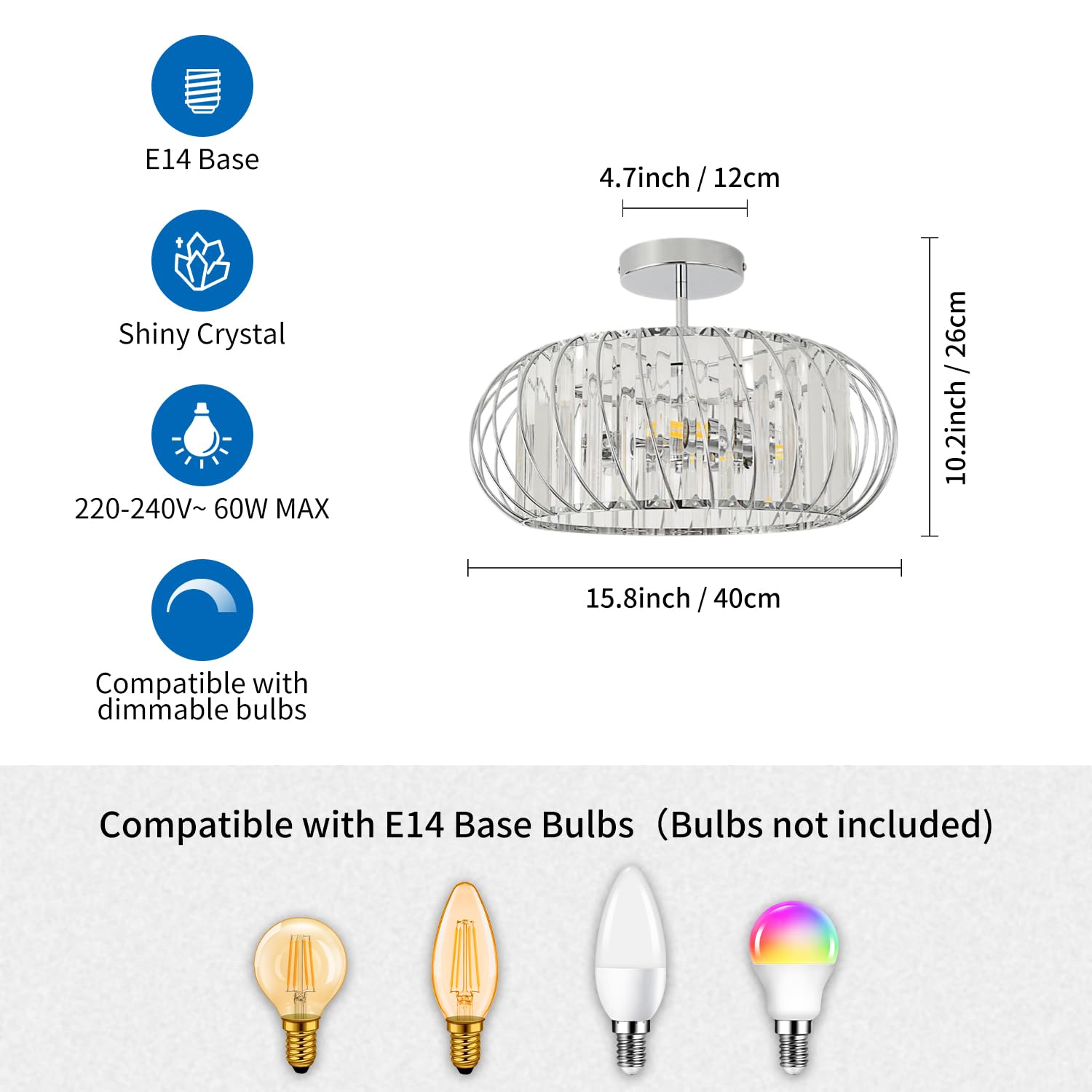 ANWIO Lampadari Cristallo Argento, Plafoniere Soggiorno Argento con 3 Luci, Lampadario a Sospensione Moderno E14, Plafoniere Vetro Per Camera da Letto, Ristorante, 40 CM (Senza Lampadine) Kitchen