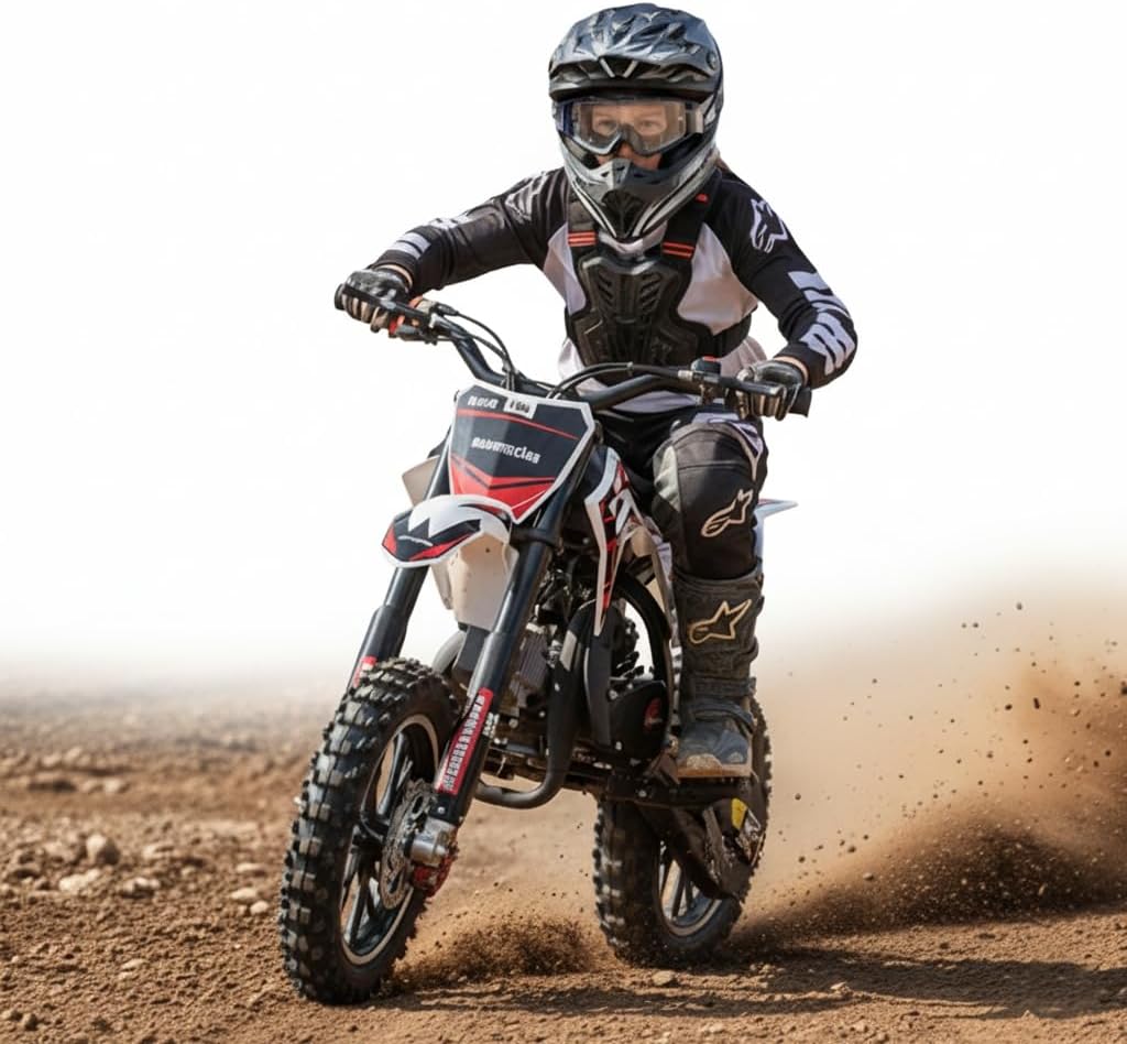 49cc Kids Dirt Bike - Gas-Powered 2-Stroke, Off-Road 10” Tires, Dual Disc Brakes, Upgraded 40x20 Frame, Pull Start Pit Bike, 25MPH Speed, Support up to 330Lbs (Black)