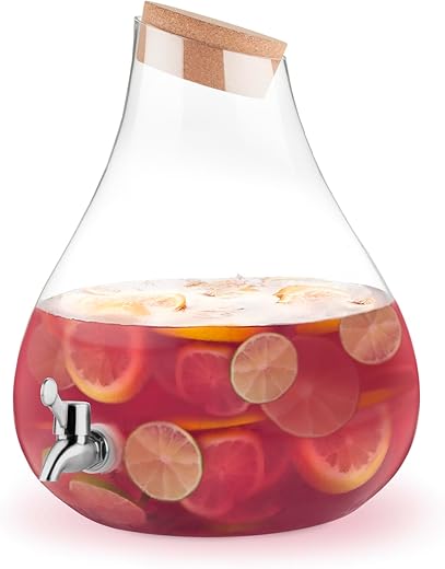 Twine Pearl Beverage Dispenser, Glass Carafe, Cork Stopper, Bronze Spigot, Beverage Service, 2.5 Gallons, Set of 1