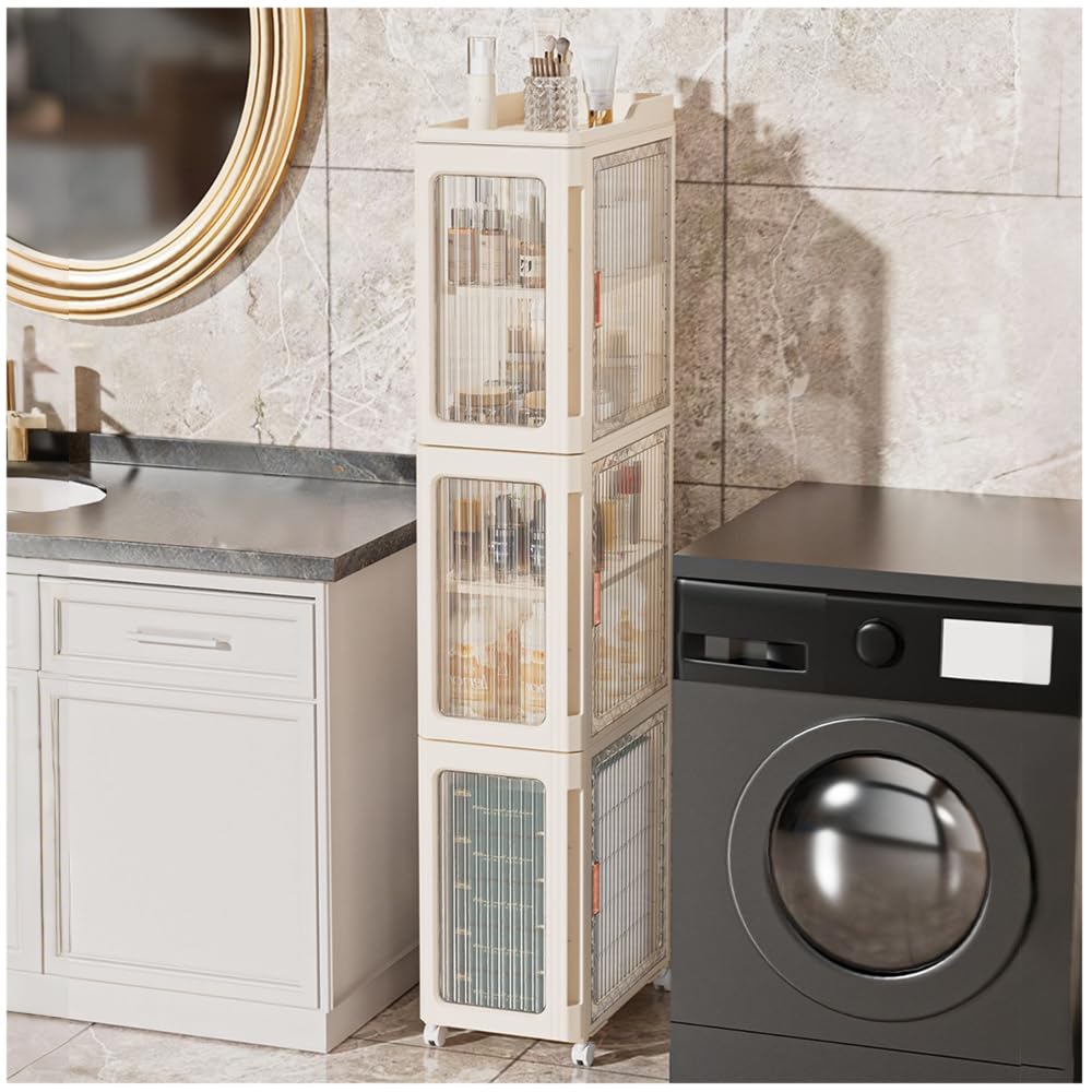 6-Tier Tall Narrow Storage Cabinet, Bathroom Cabinet with Transparent Doors and Movable Wheels, Plastic Foldable Storage Cabinets for Small Space,