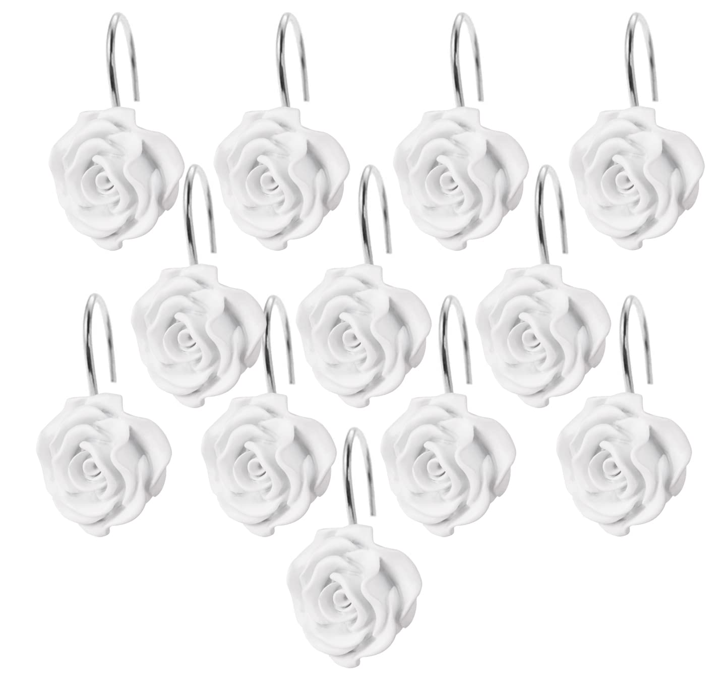 12 PCS Home Fashion Decorative Anti Rust Shower Curtain Hooks Rose Design Shower Curtain Rings Hooks (White)