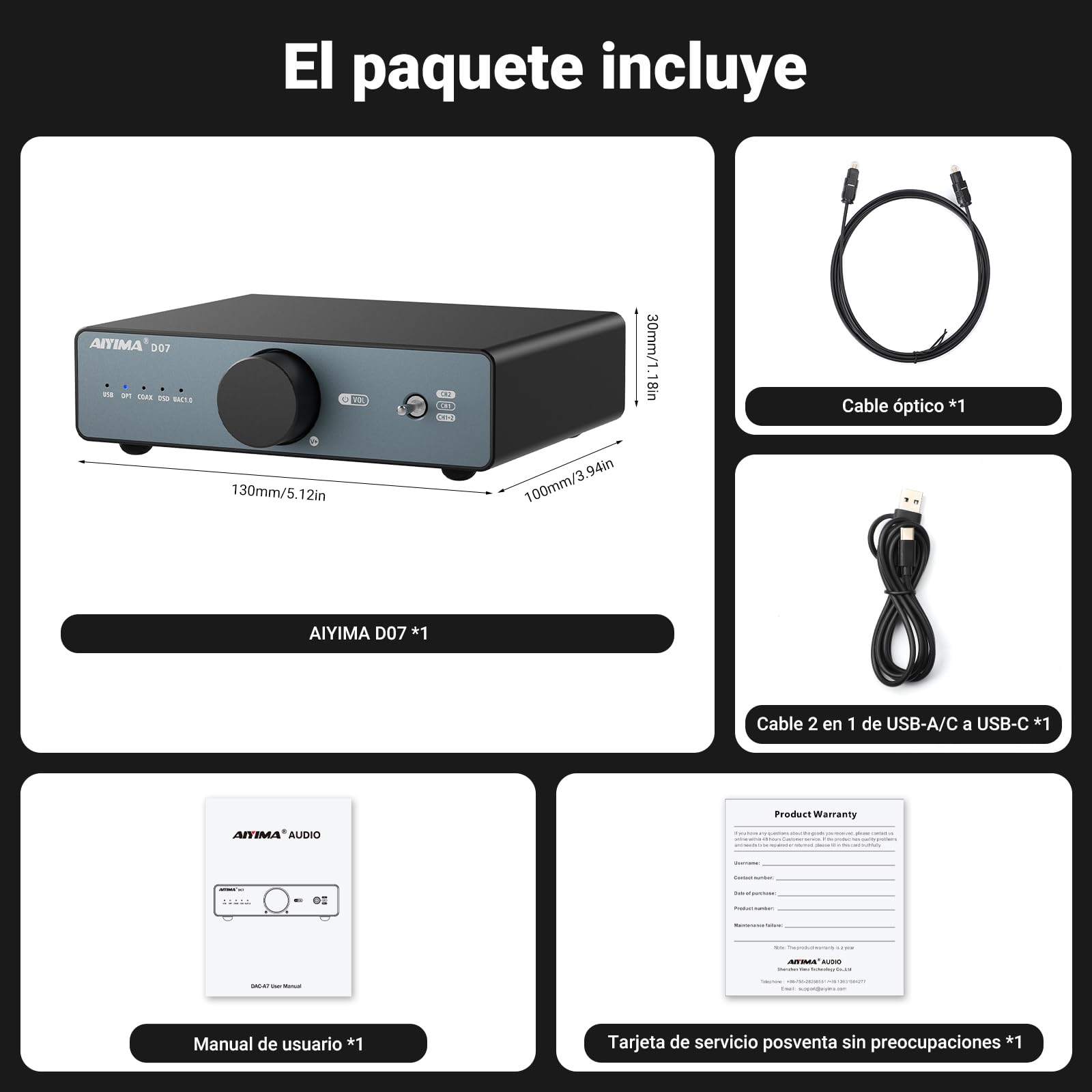 AIYIMA D07 convertidor Digital-analógico de sobremesa (DAC) con decodificador AK4493S para amplificadores estéreo y amplificadores de Auriculares; entradas óptica, coaxial y USB; Salida RCA;