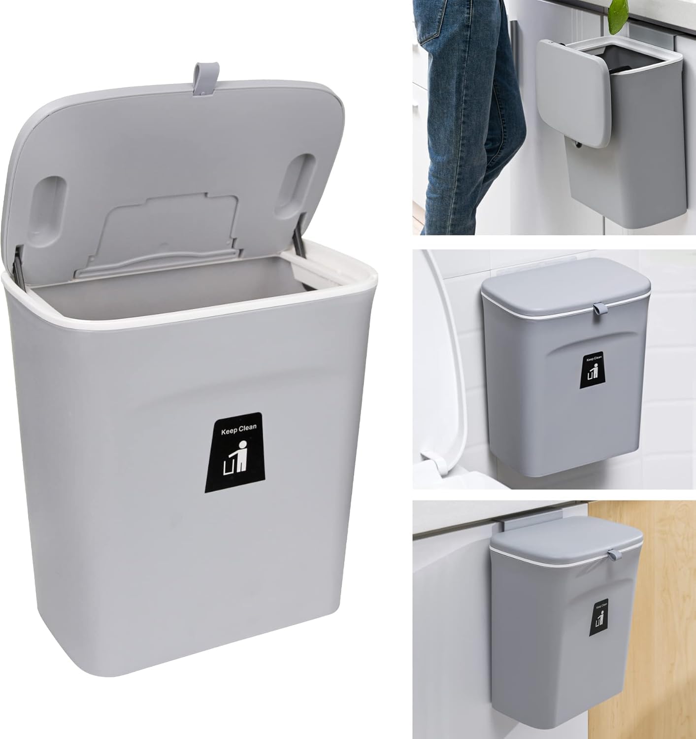 10 L Kitchen Compost Bin for Counter Top or Under Sink, Hanging Small Trash Can with Lid for Cupboard/Bathroom/Bedroom/Office/Camping, Mountable Indoor Compost Bucket (Grey)-image-39