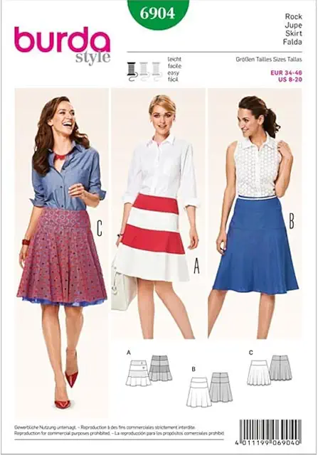 Burda Pattern 6904 A-Line Skirt with Hip Panel - Ladies Sizes 34-46
