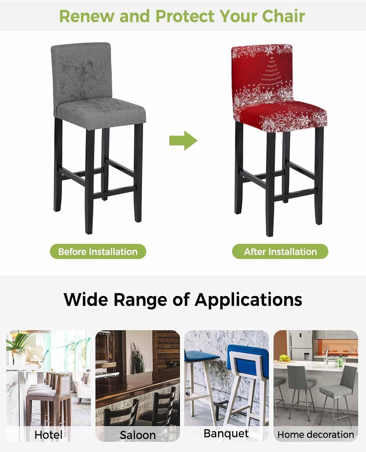 椅子カバー クリスマス 芸術 雪花 レッド チェアカバー 4枚セット ストレッチ 取り外し可能 背もたれ付き バースツール ダイニン