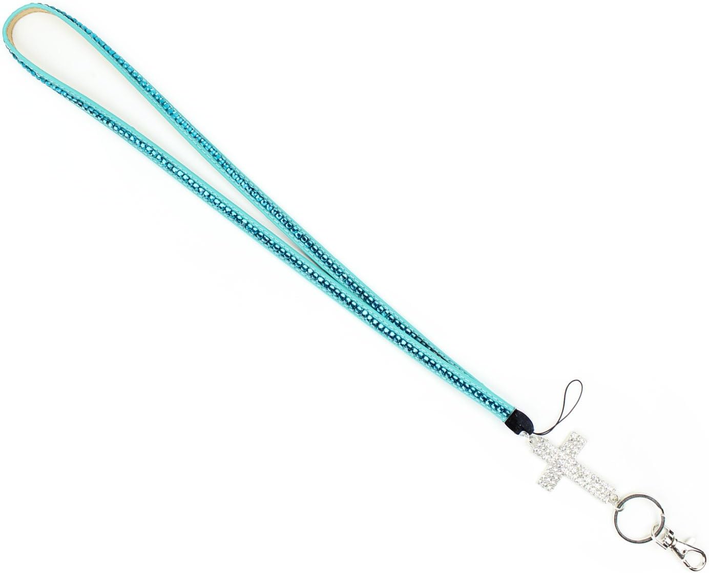 Aqua Blue Rhinestone Lanyard Id Badge Holder with Huge Bling Cross Pendant