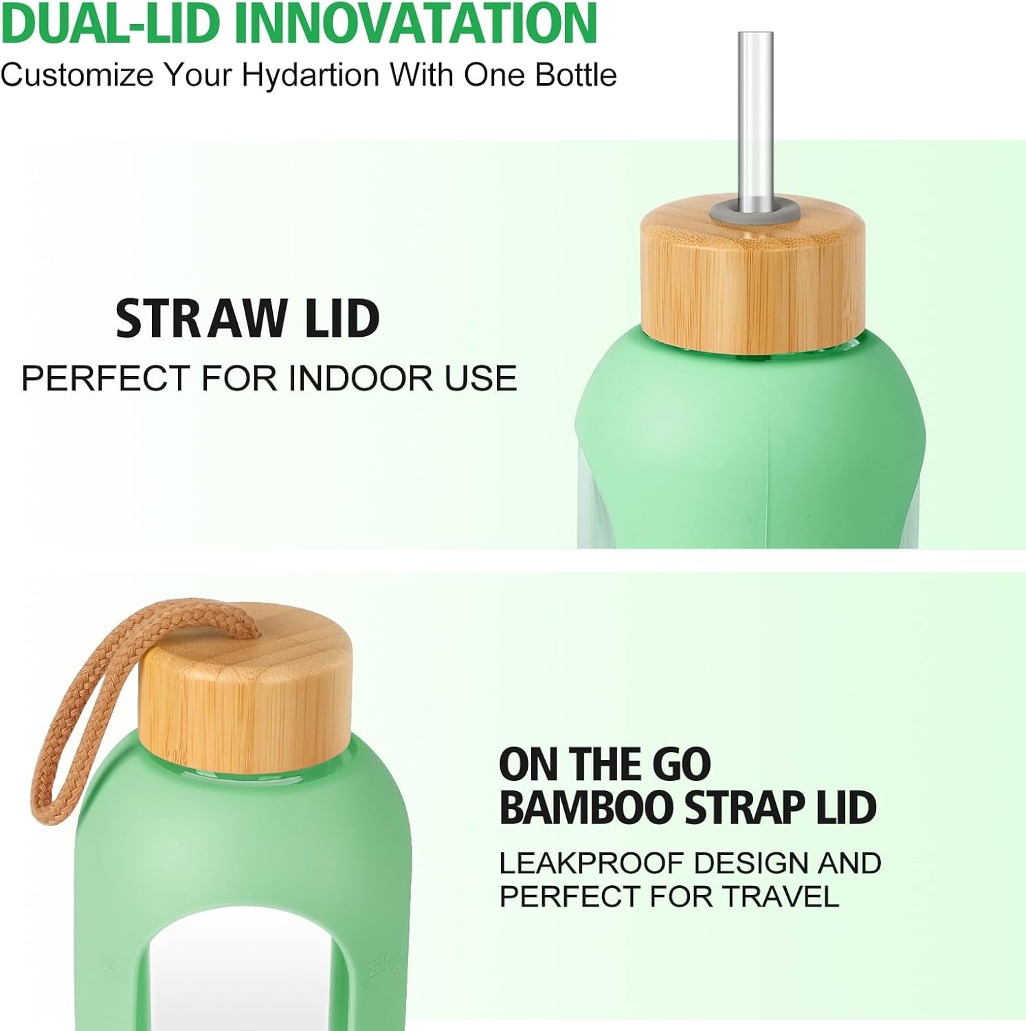 Glass Water Bottles 32 oz - Motivational Drinking Glass Water Bottle with Silicone Sleeve, Straw & 2 Bamboo Lids - 1 Liter Clear Borosilicate Daily Intake Tumbler with Time Marker - Green