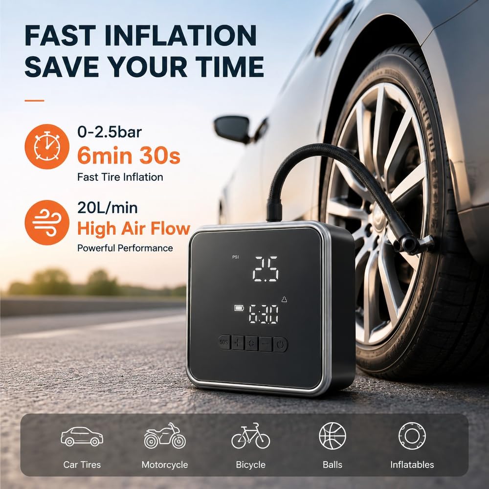 KinZon Gonfiatore Pneumatici Auto 150 PSI, Mini Compressore D'Aria Portatile Ricaricabile Senza Fili e 12 V, Spegnimento Automatico, Schermo Digitale, Lampada LED per Auto, Moto, Bicicletta