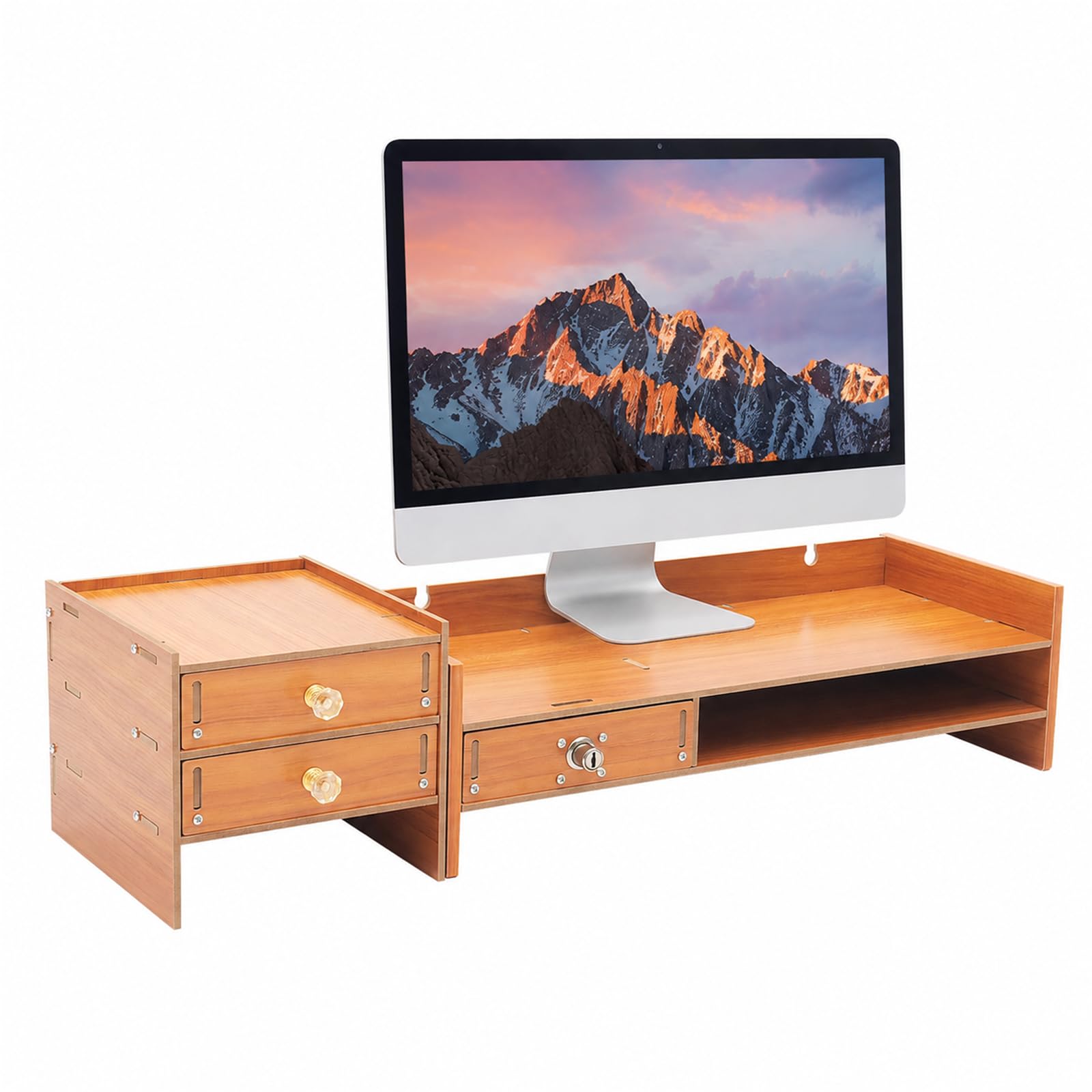 Supporto per monitor in legno, con 3 cassetti con serratura, altezza dello schermo, supporto da scrivania, angolo girevole di 180 gradi