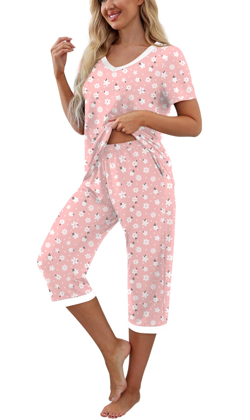 PrinStory Pigiama da donna con maglia a maniche corte e pantaloni lunghi