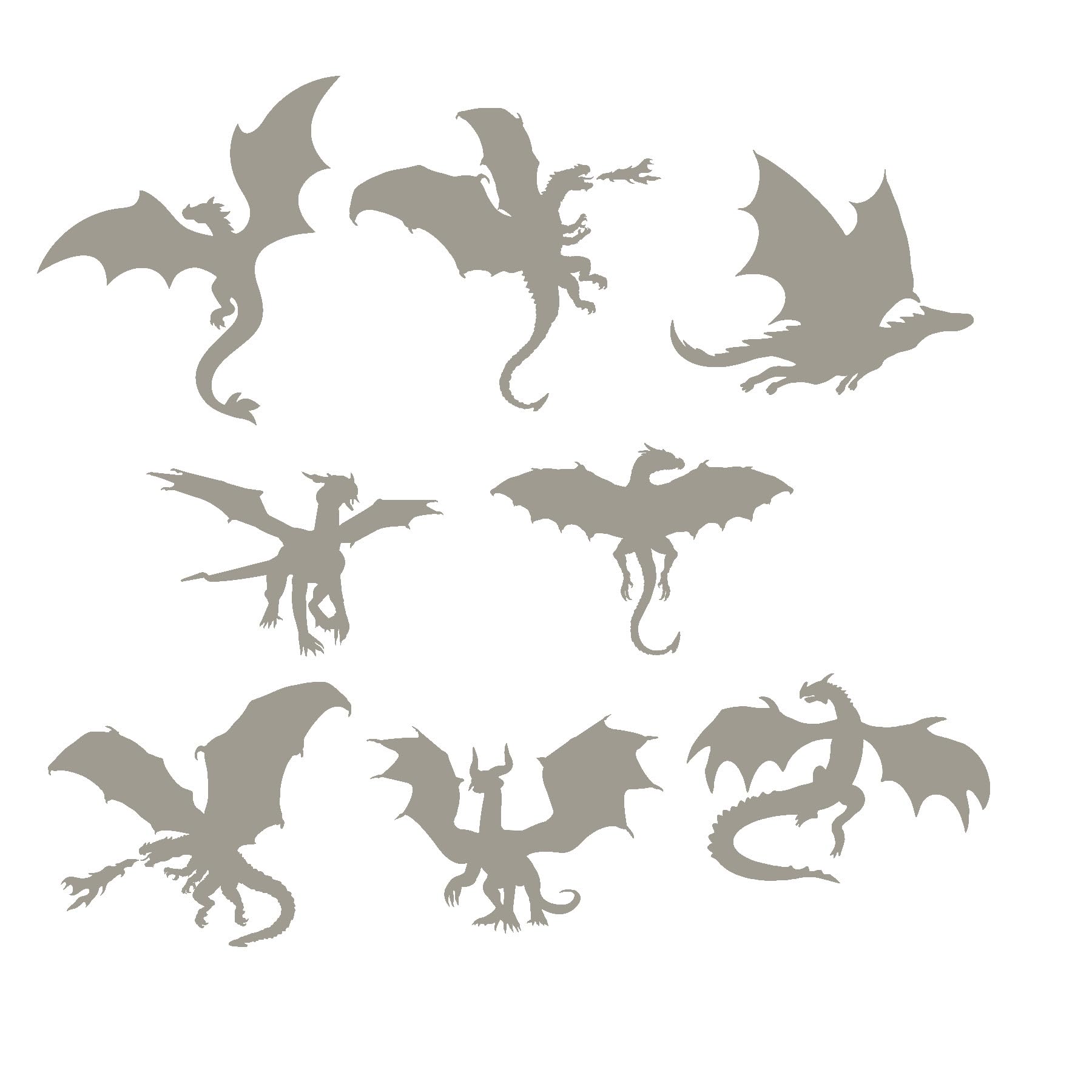 8 Dragon Silhouette Fun Waterproof Sticker Pack Decal - Car Stickers - Laptop Stickers - Mirror Stickers - Fantasy/Mythical Decals - Gift for Dragon Lover (Silver, Medium Pack)