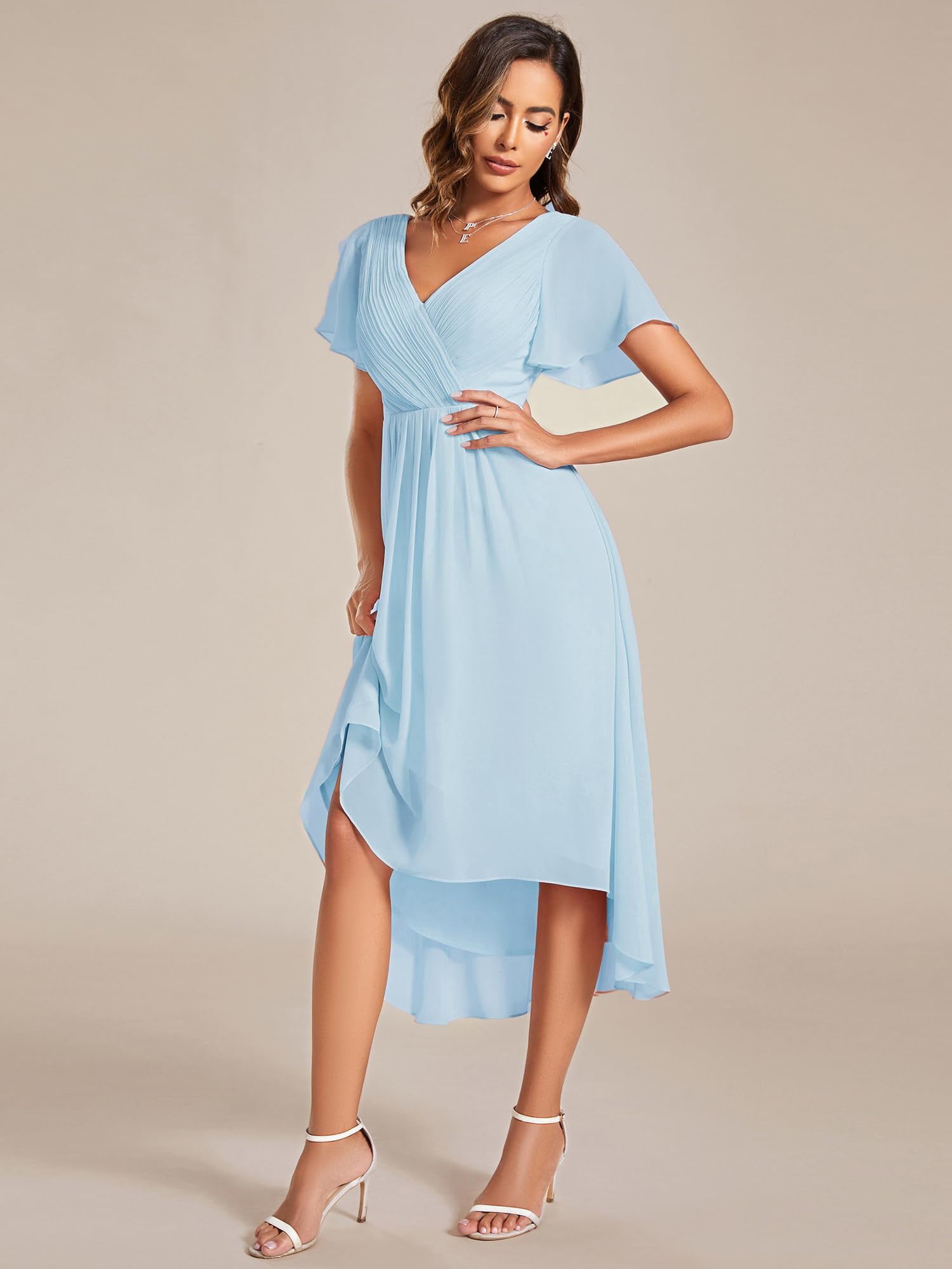 Ever-Pretty Vestito Elegante Donna Cerimonia Manica Corta Collo a V Gonna Midi Cielo Blu 40