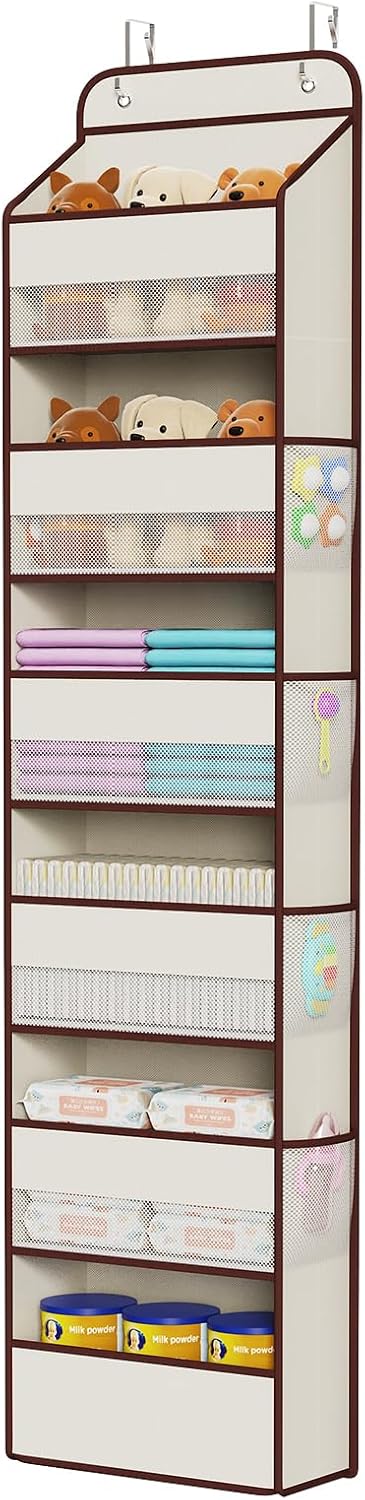 Univivi 6 Tier Over The Door Organizer With 8 Mesh Side Pockets, Bathroom Organizers and Storage Over The Door Organizer For Nursery Baby Essentials (Beige)