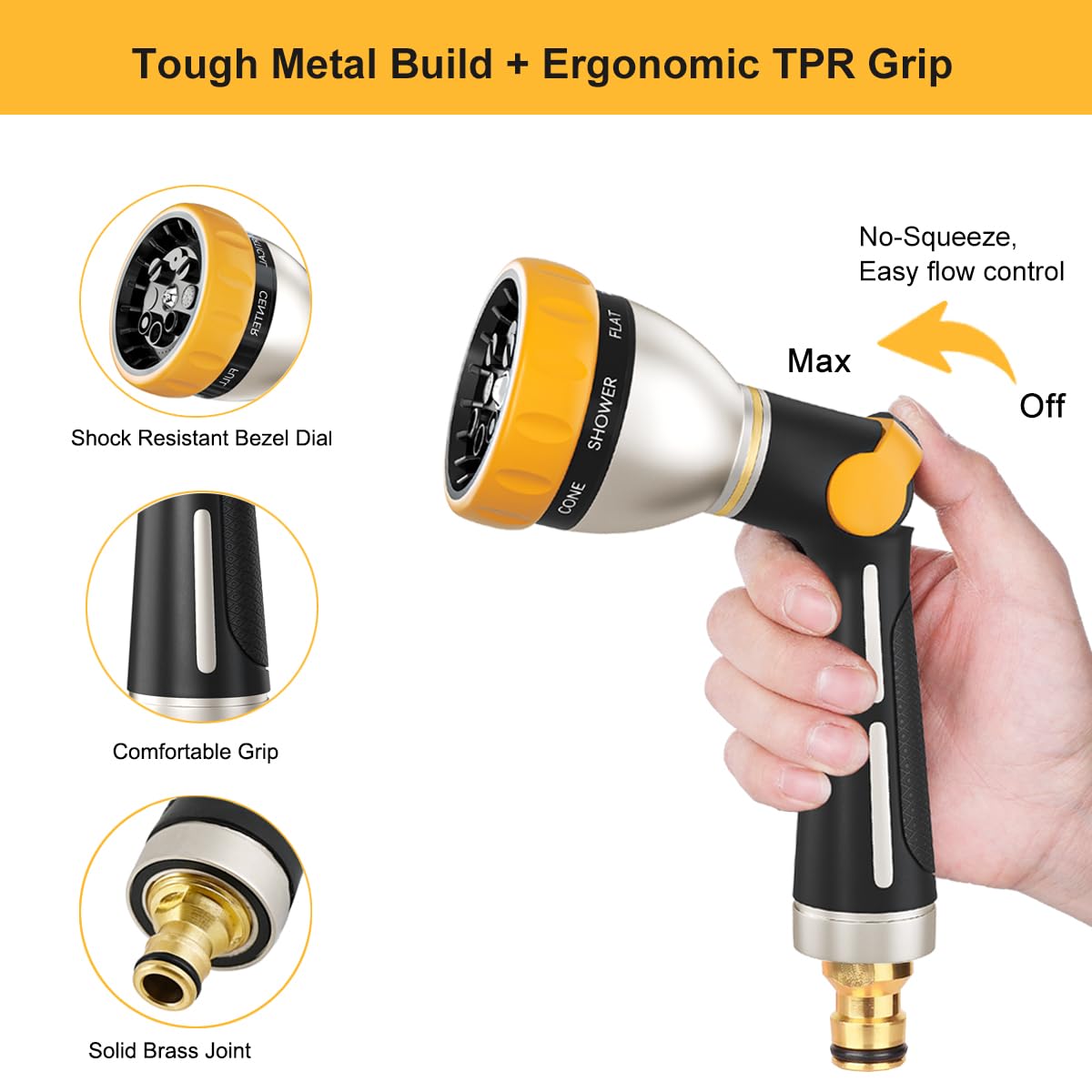 FANHAO Pistola de Riego, de Metal 100% Resistente,se Puede Controlar con El Pulgar, con 8 Patrones de Rociado a Presión Ajustables Para Regar Plantas, lavar Coches Y Duchar Mascotas