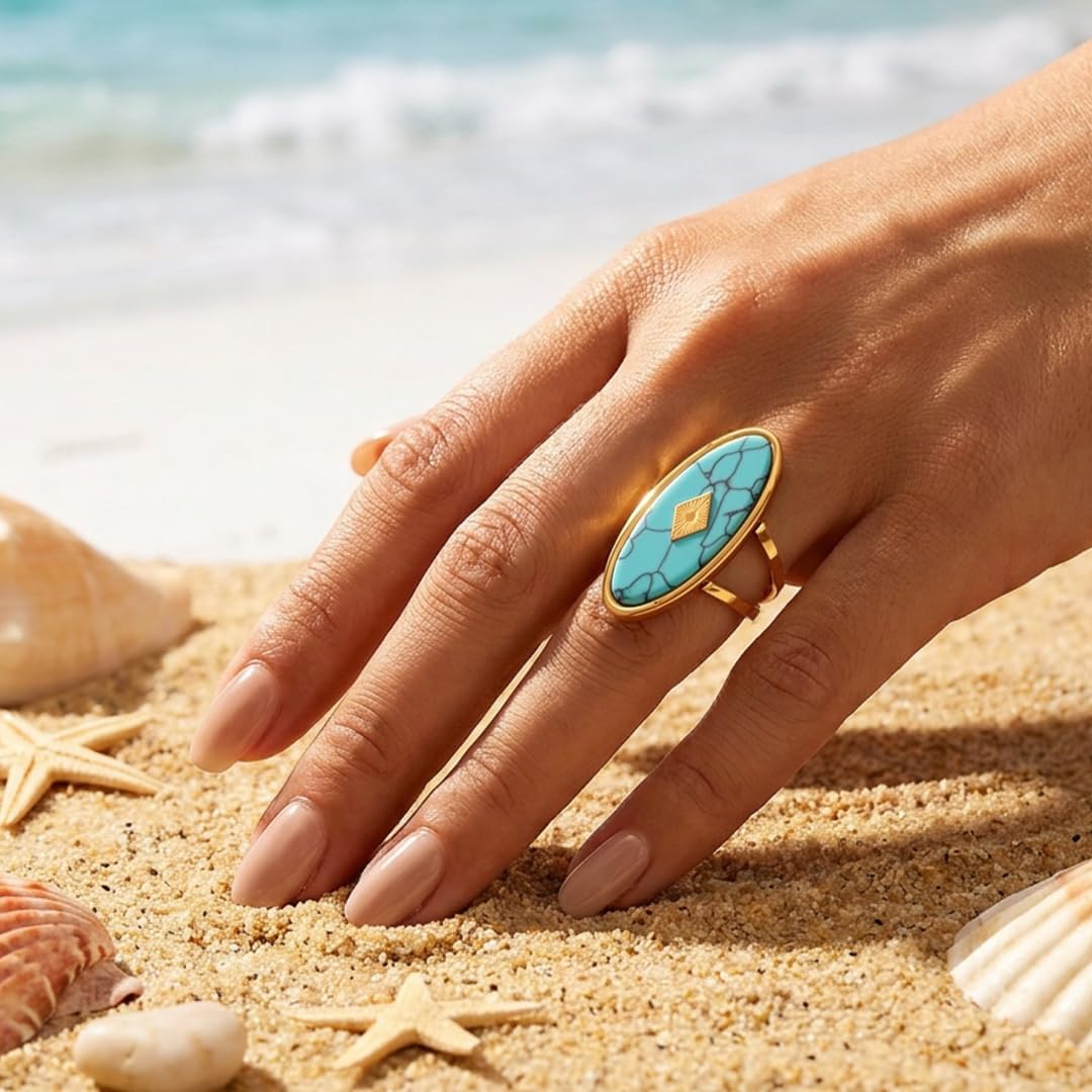 Boho Turquoise-Style Chunky Statement Open Ring, Wide Band Adjustable Gold-Plated Stainless Steel Ring, Jewelry Gift for Women